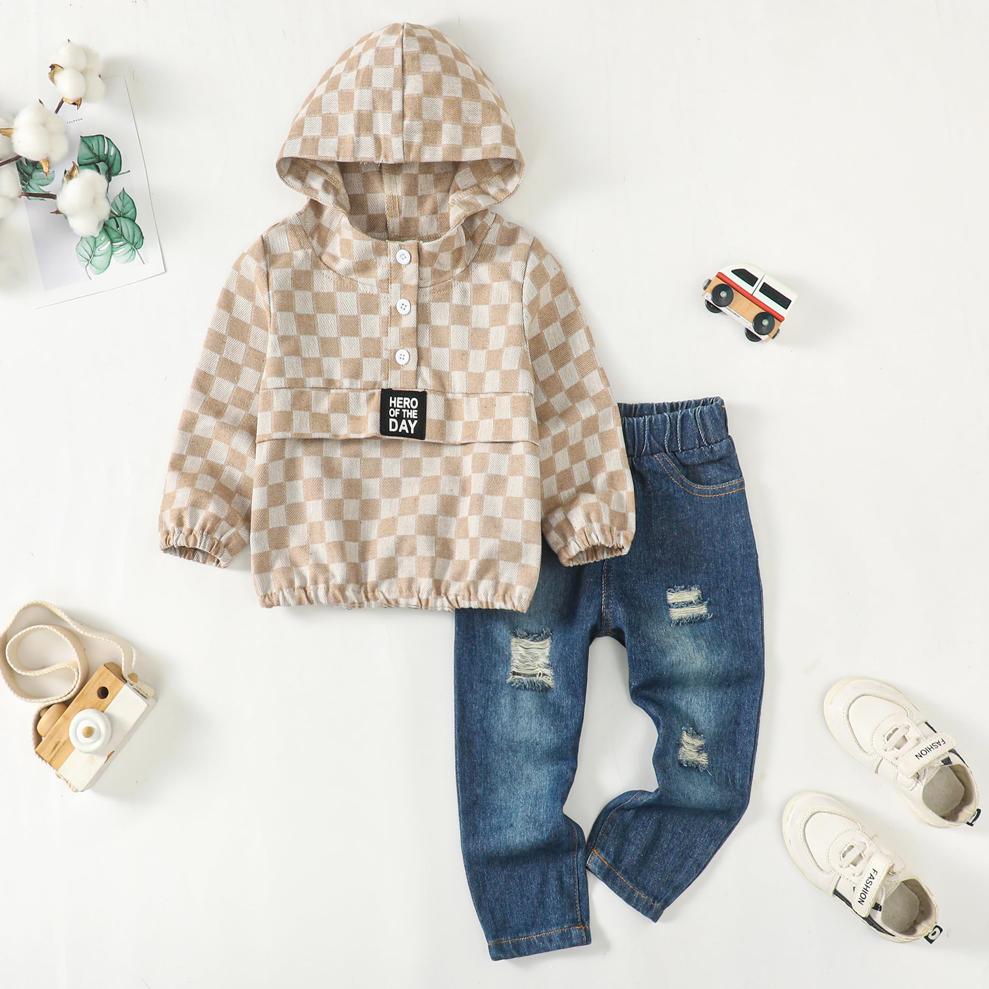 Toddler Boys' Letter Print Hoodie & Ripped Jeans Outfit Set - Cute Fall Winter Clothes for Baby Boys | Playdates, Preschool & Family Photos