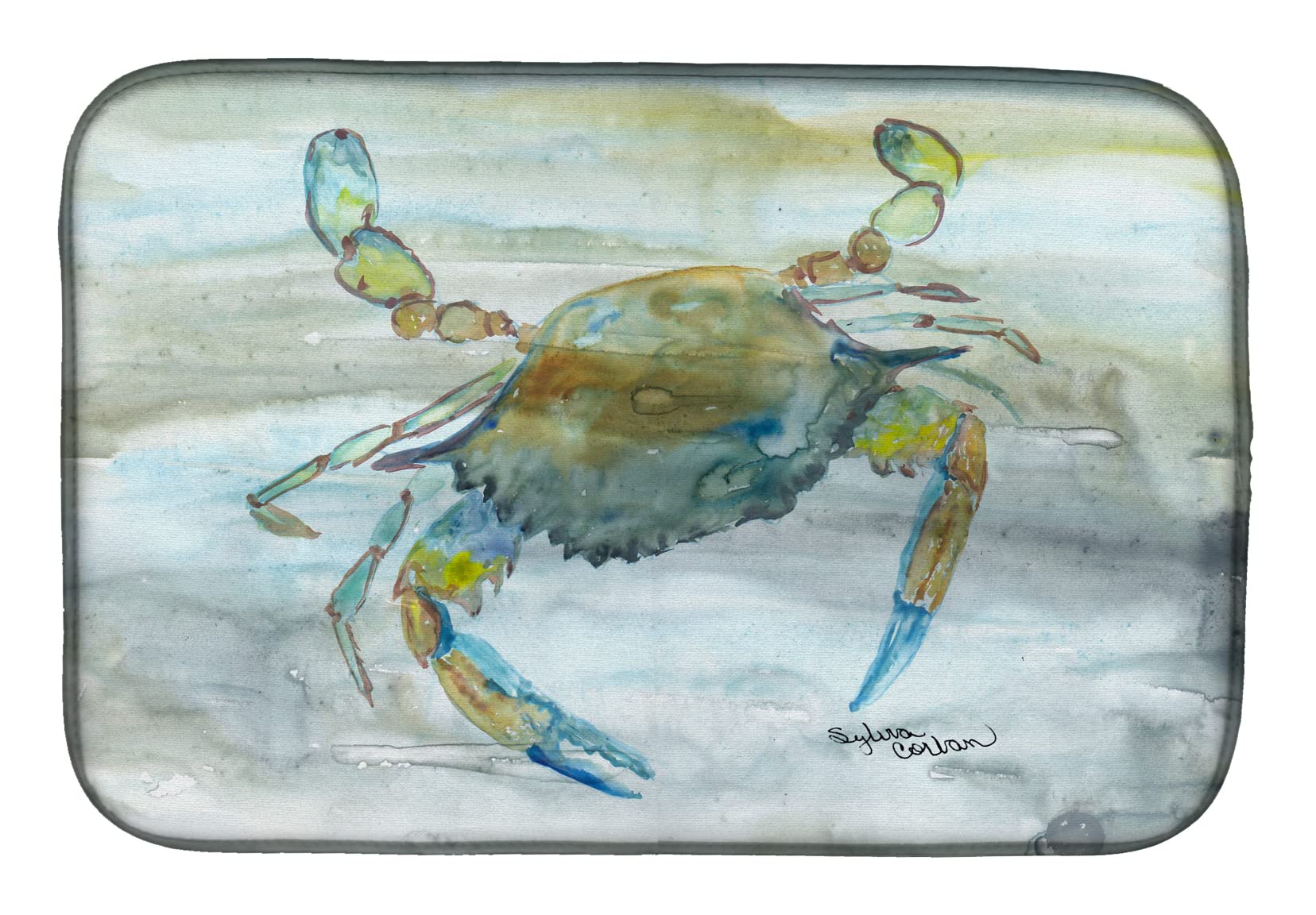 Blue Crab Watercolor Dish Drying Mat - Absorbent Kitchen Counter Mat (14x21