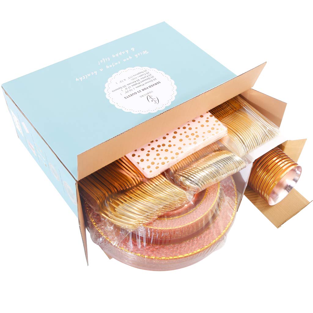 NERVURE 175-Piece Pink Gold Rim Disposable Plastic Tableware Set - 25 Dinner Plates, Dessert Plates, Forks, Knives, Spoons, Cups & Napkins - Perfect for Parties, Weddings, Picnics & Events