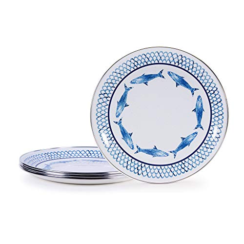 Vintage Fish Camp Enamelware Dinner Plates - Set of 4 (10.5 Inch) for Camping, Picnics & Rustic Home Dining
