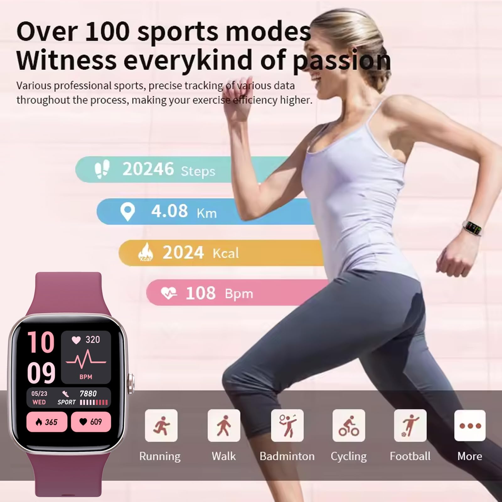 LAKEYLOYI Women's Smart Watch with Bluetooth Calling, Fitness Tracker, Waterproof, Compatible with Android & iOS - Grape Red Silicone Band for Outdoor Sports, Workouts & Daily Fashion Wear
