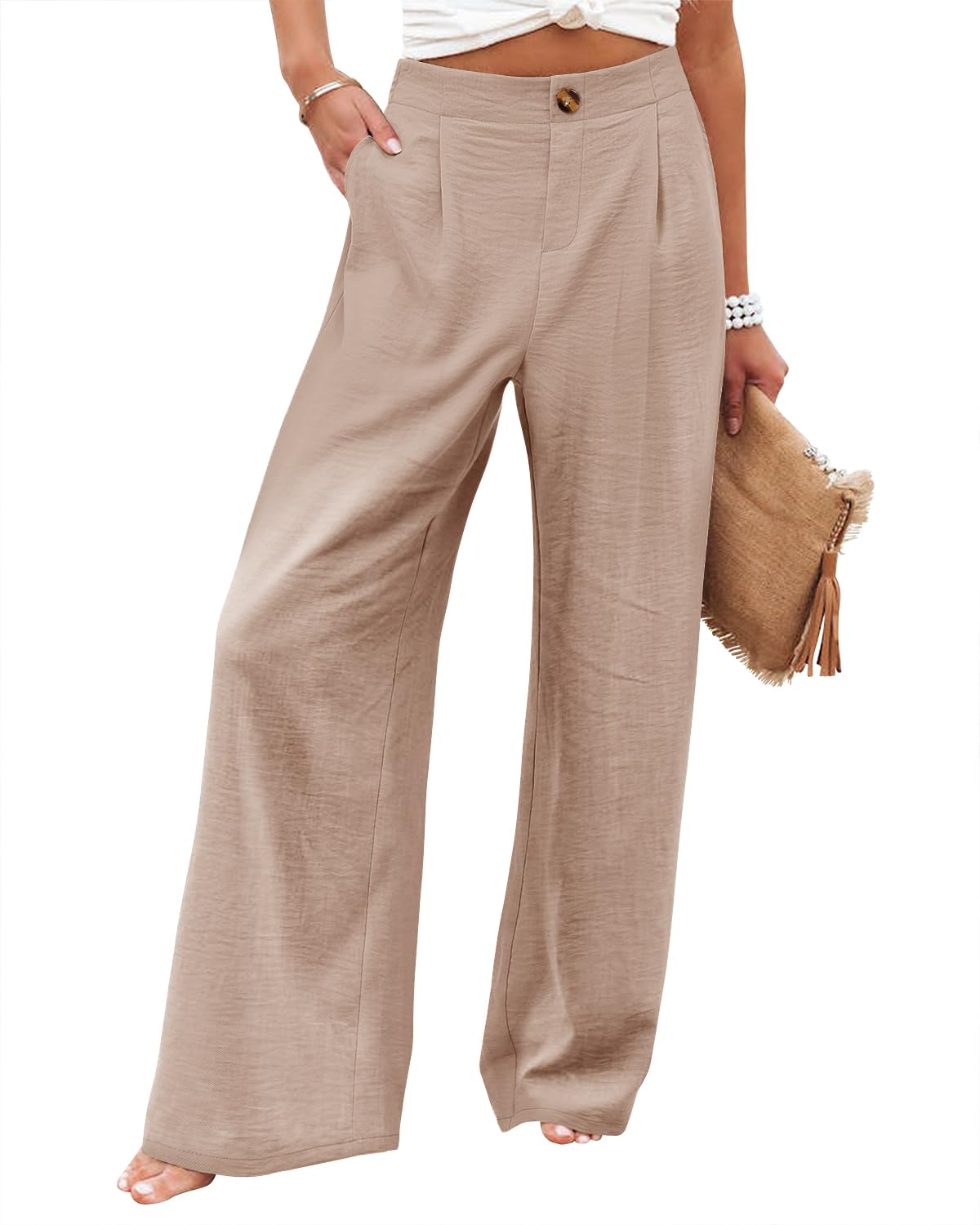 Angerella Women's High Waisted Wide Leg Pants - Stretchy Elastic Back Waistband Business Casual Work Trousers for Office, Travel & Everyday Wear