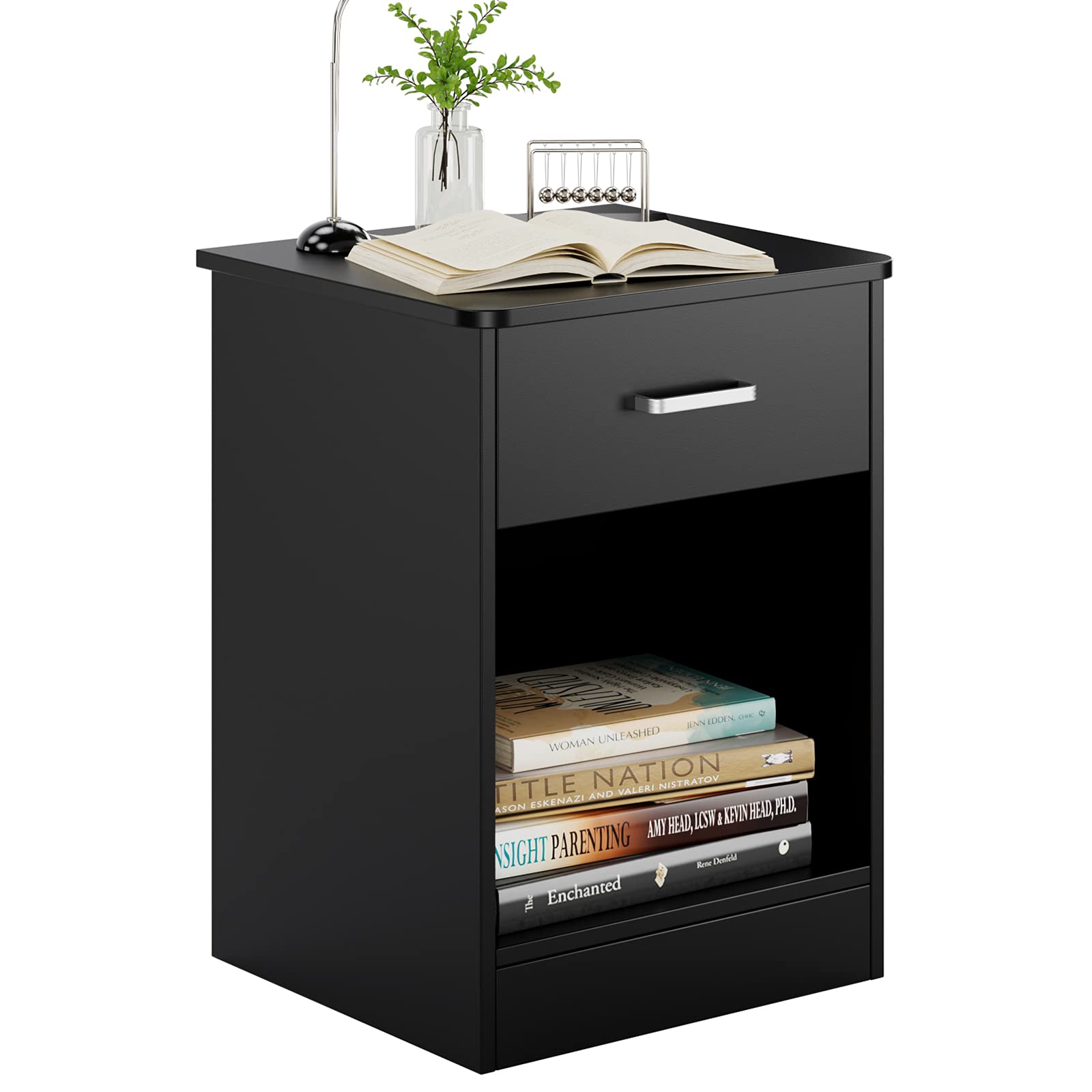 2-Tier Nightstand with Drawer & Storage Cabinet - Modern End Table for Bedroom, Living Room & Sofa Side | Easy Assembly Black Wooden Furniture for Small Spaces & Apartment Decor