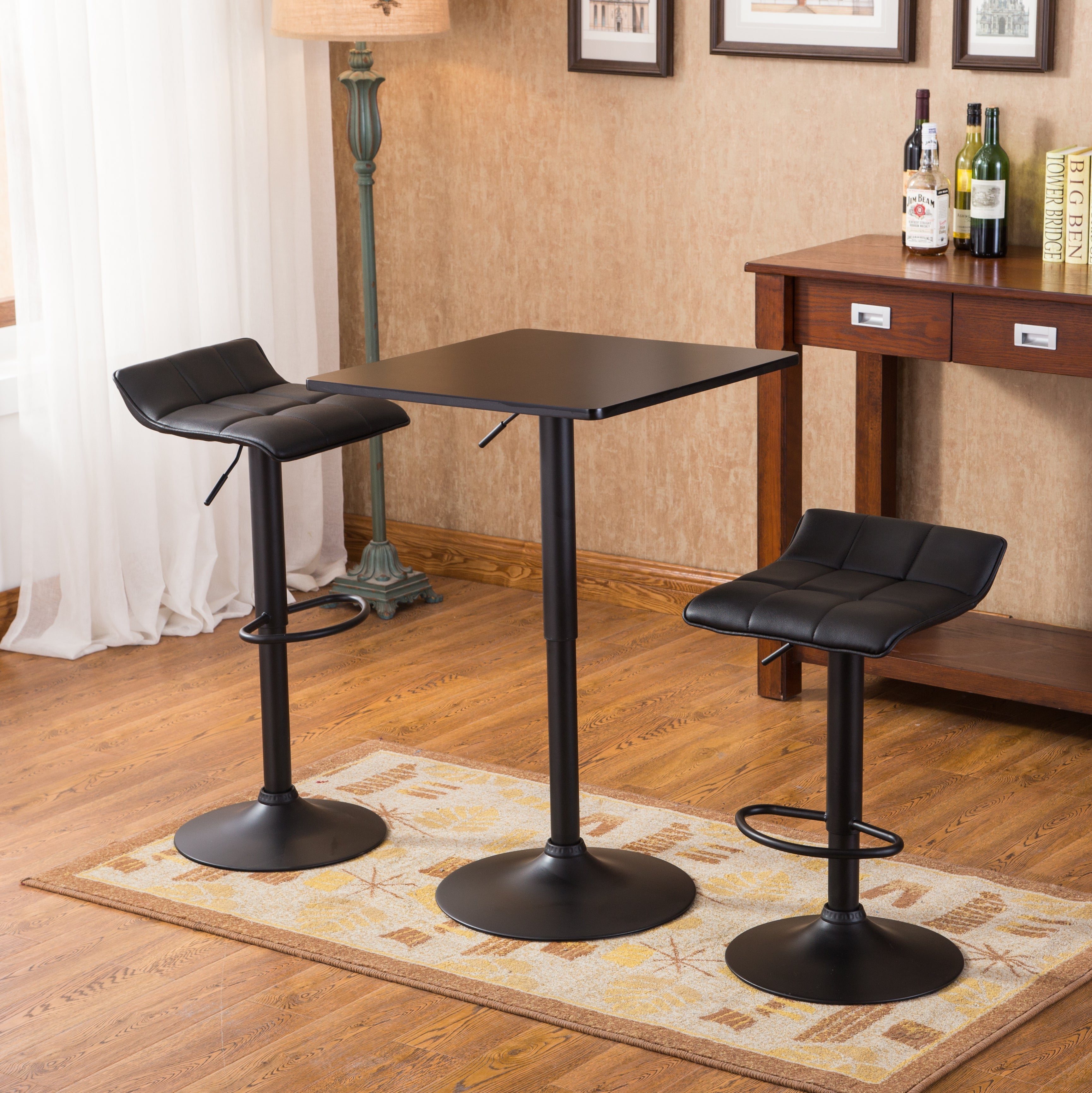 Roundhill Furniture Belham Black Square Adjustable Metal Base 3-Piece Bar Table Set - Modern Counter Height Dining Set for Kitchen, Bar, or Patio