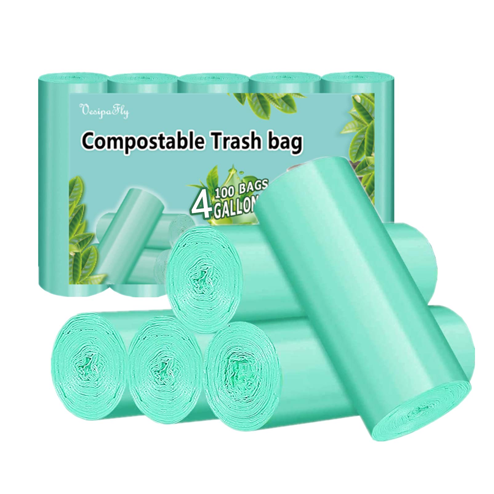 Eco-Friendly Compostable Trash Bags 4 Gallon - 100 Count Biodegradable Kitchen Garbage Bags | Strong Unscented Waste Can Liners for Home, Office, Bathroom & Outdoor Use | Sustainable Waste Solution