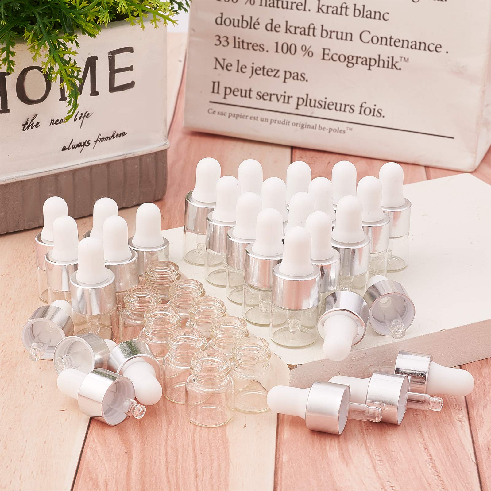 BENECREAT 30 Pack 1ml Glass Dropper Bottles with Silver Caps - for Essential Oils, Aromatherapy & Cosmetics