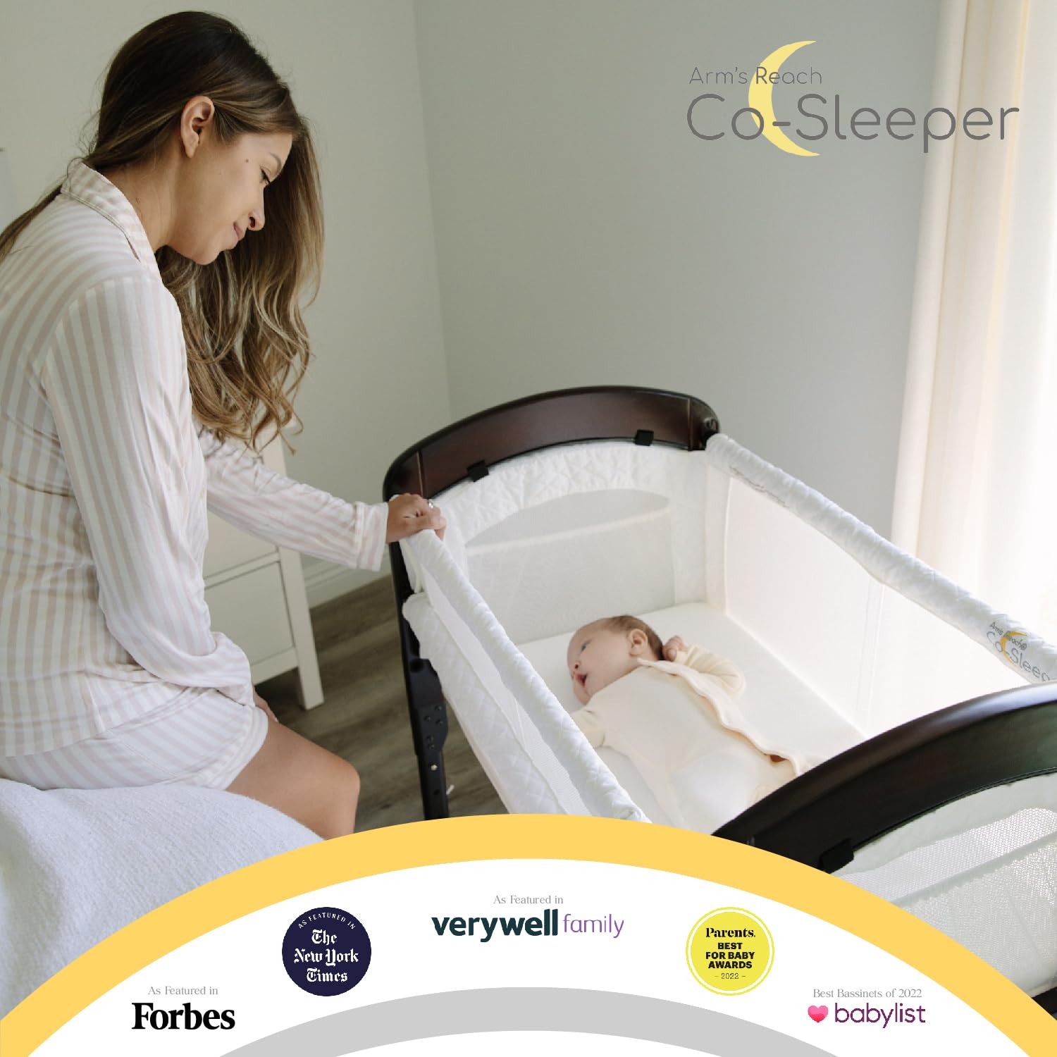 Arm’s Reach Cambria Co-Sleeper Bedside Bassinet - Adjustable Height, Breathable Mesh Sides with Storage Pockets & Large Basket, Espresso/White - Perfect for Newborns & Safe Co-Sleeping in Nursery or Master Bedroom