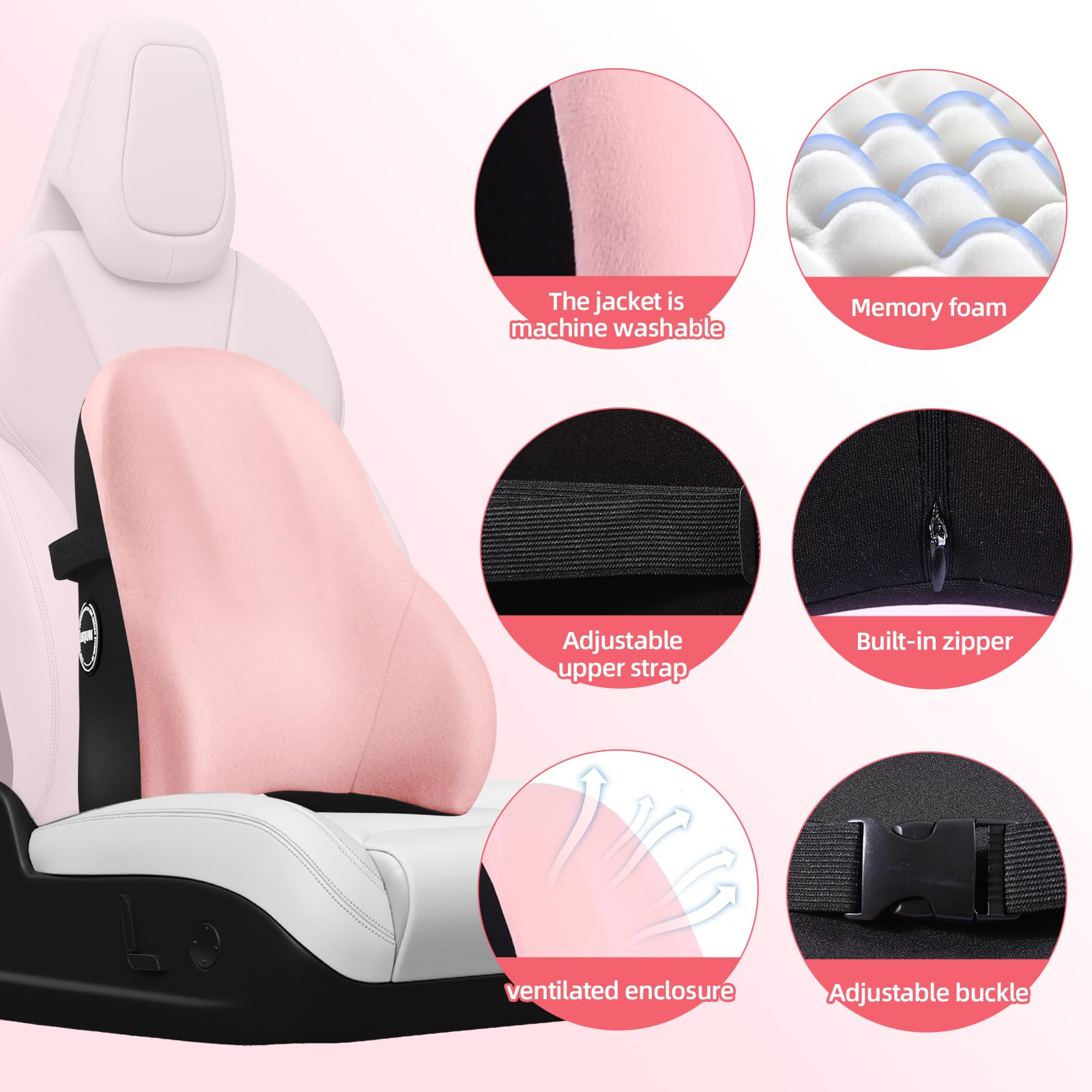 Memory Foam Lumbar Pillow for Office & Car - Back Pain Relief & Posture Support (Pink) - Perfect for Work & Travel