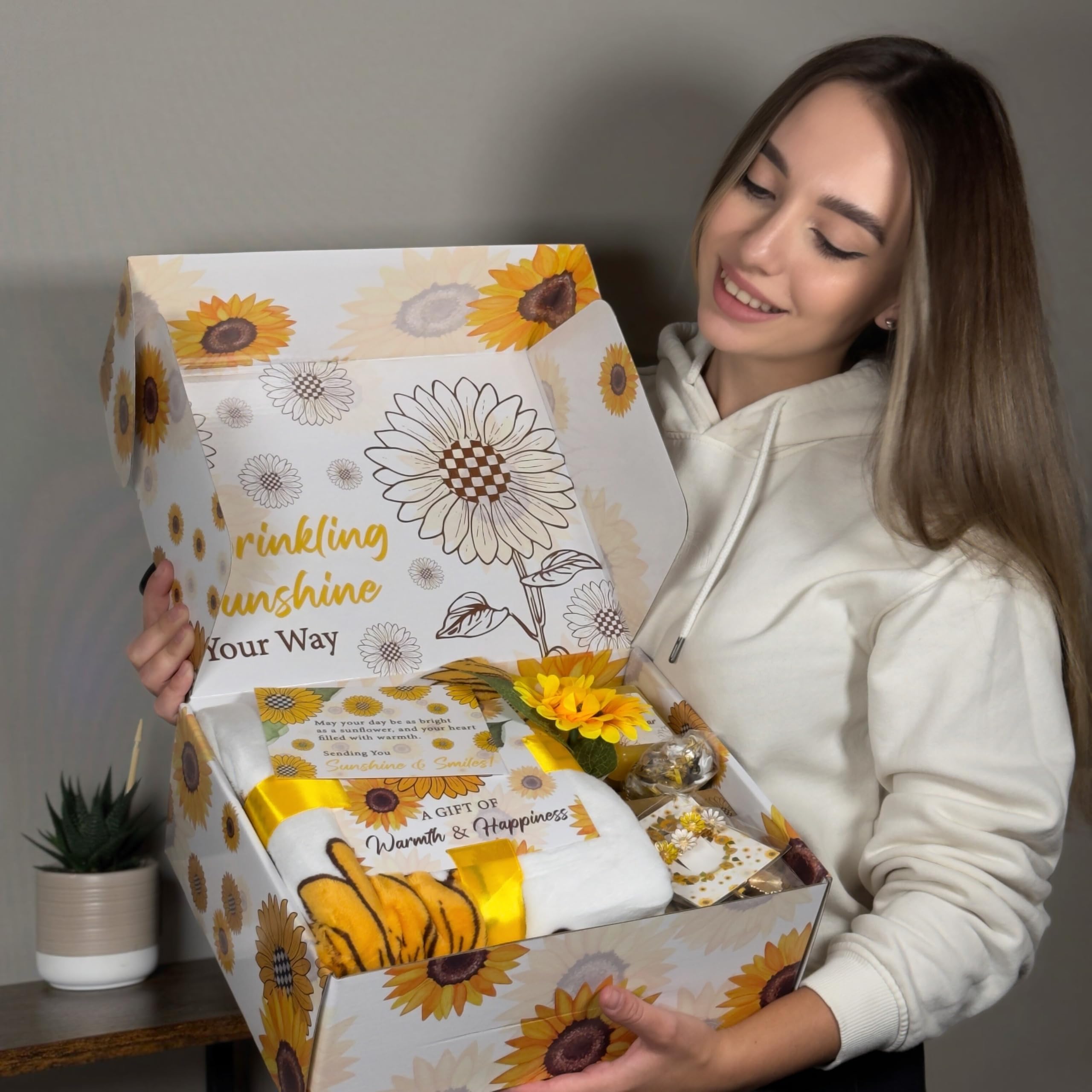 18Pcs Sunflower Gift Set for Women - Unique Birthday Gifts Basket for Best Friend, Sister & Loved Ones - Sunshine Care Package with Get Well Soon & Thinking of You Notes - Perfect for Housewarming, Friendship Day & Cheer Up Gifts