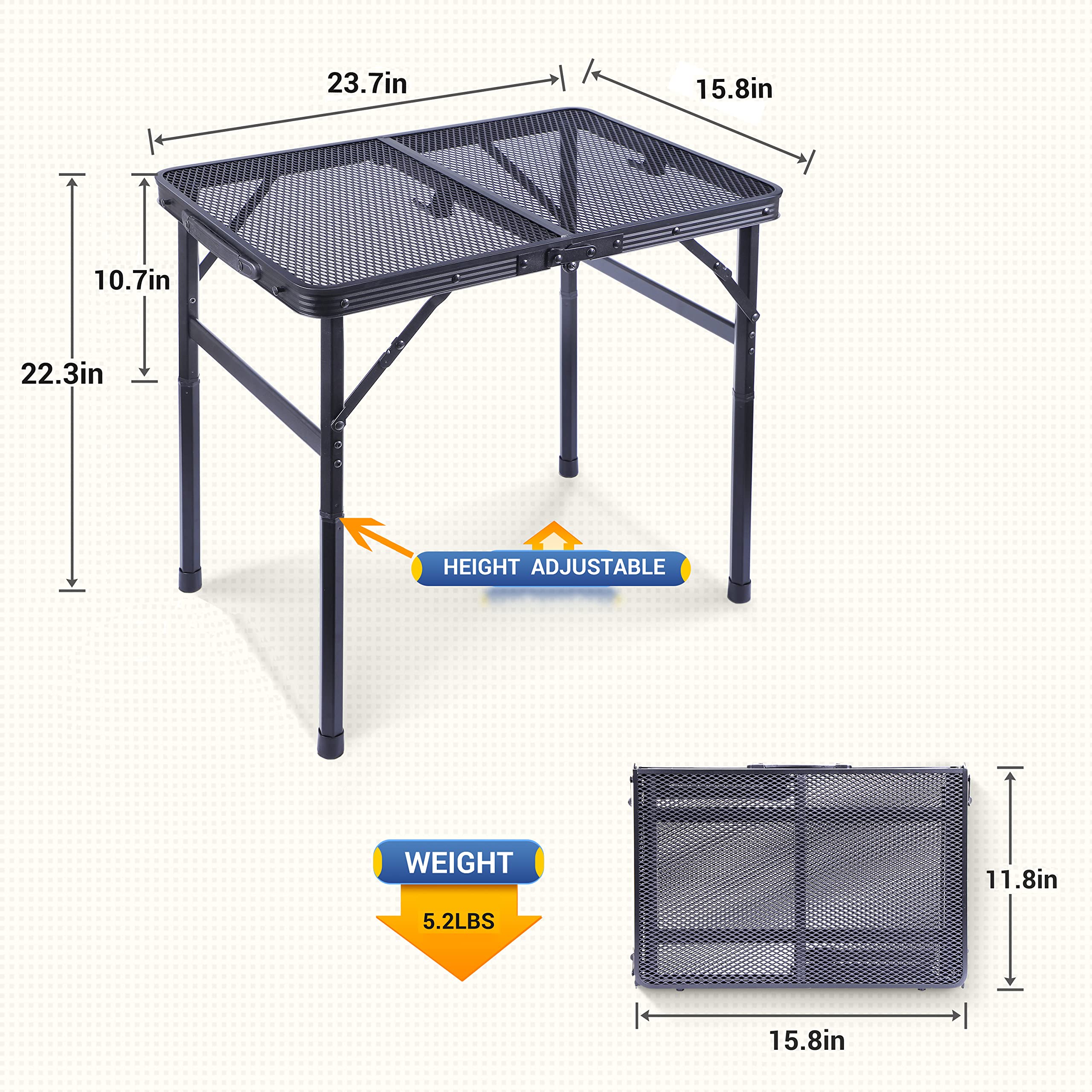 Premium Adjustable Height C-Shaped Grill Table - Outdoor Camping Cooking & Picnic Table with Mesh Bag & Carry Handle (47.3