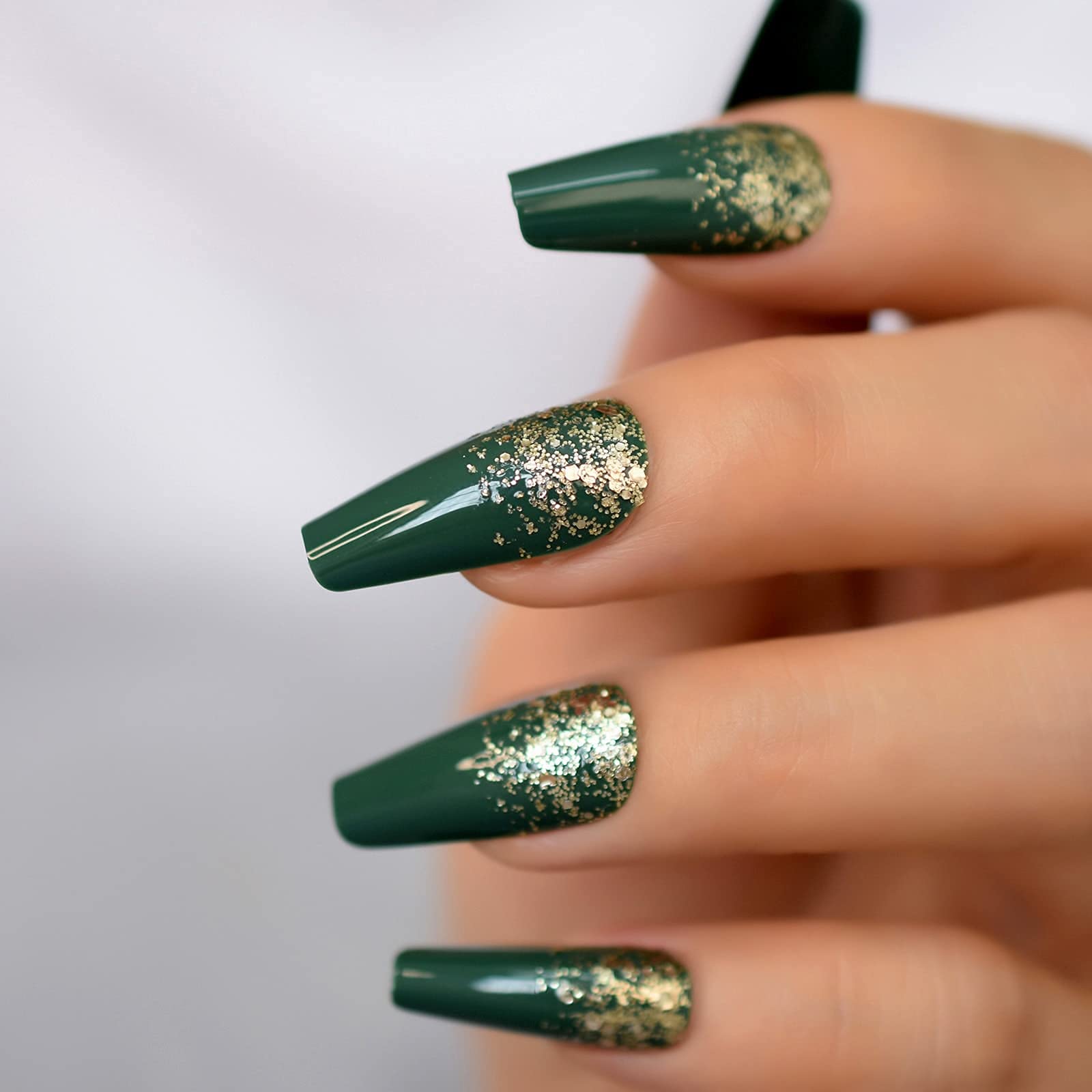 Coolnail Green French Press False Nails with Silver Sequins Glitter - Long Ballerina Coffin Full Cover Artificial Nails for Party, Wedding, Prom & Special Occasions