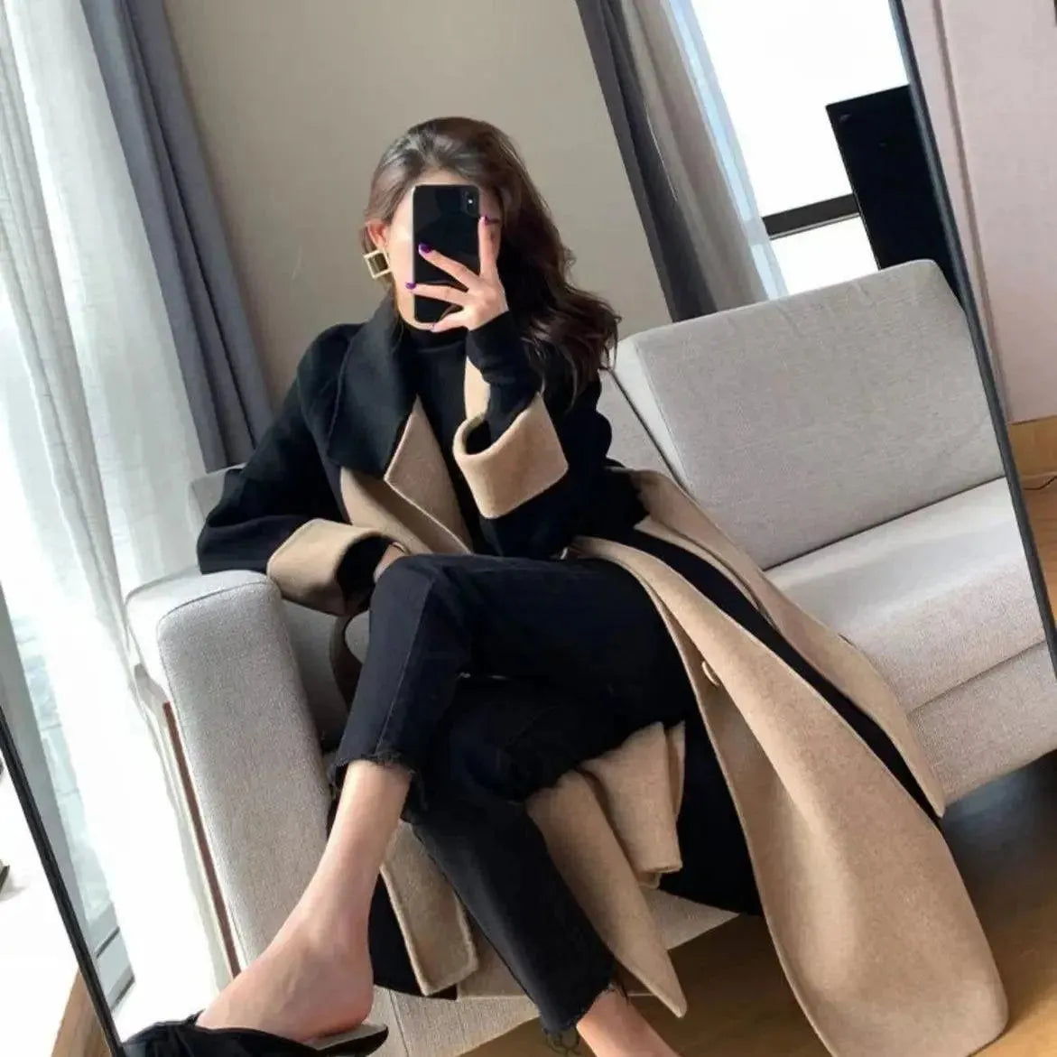 Stylish Women's Wool Blend Patchwork Trench Coat - Fashionable Winter Outerwear for Work, Travel & Special Occasions