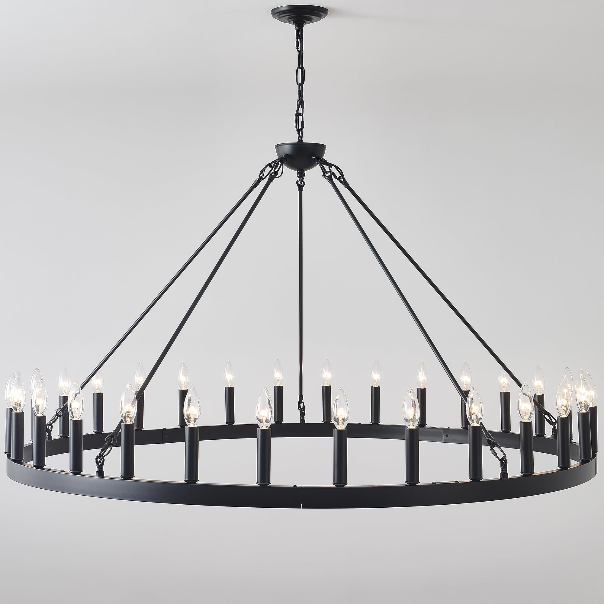 53 Inch Black Extra Large Wagon Wheel Chandelier - 30-Light Farmhouse Industrial Round Pendant Light with Adjustable Chain for High Ceilings | Perfect for Dining Room, Living Room, Foyer, and Rustic Home Decor