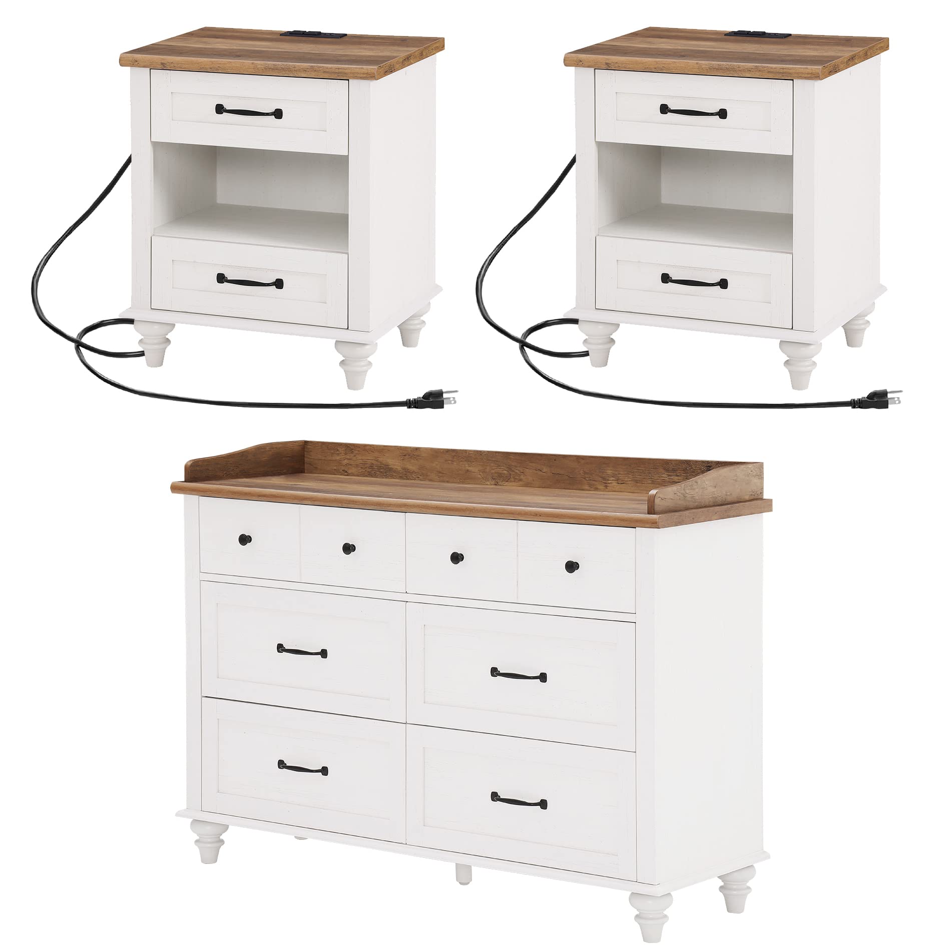 Mid-Century Modern 3-Piece Dresser & Nightstand Set for Bedroom - 6-Drawer Dresser with 2 End Tables (Drawers & Open Shelf) - White - Perfect for Master Bedroom, Guest Room & Apartment Furniture