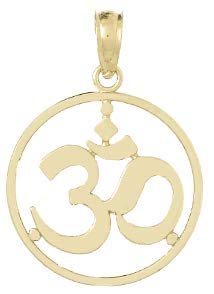 10K Yellow Gold Yoga Om Symbol Pendant Necklace - 18mm x 26mm Cut-Out Round Frame for Meditation, Spiritual Practice & Mindful Gifting