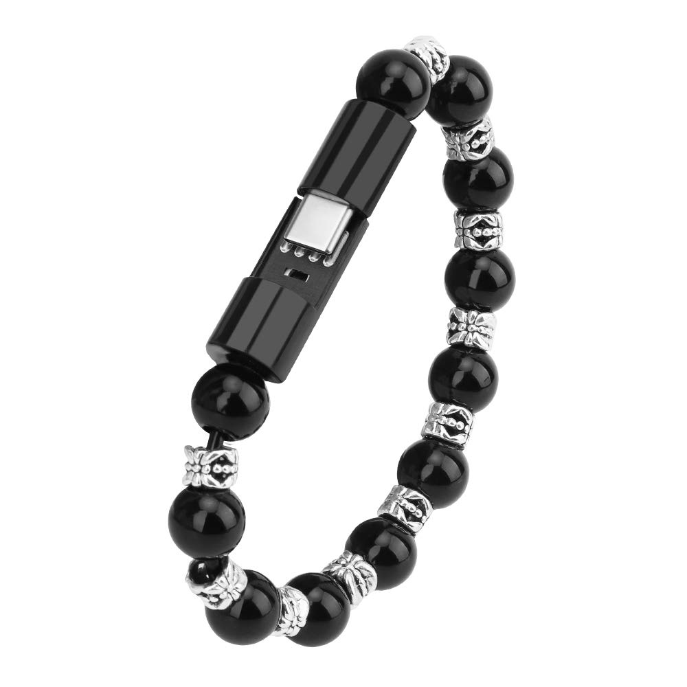Stylish Black Charging Bracelet with USB Cable - Fashionable Prayer Beads Wristband for On-the-Go Phone Charging | Perfect for Travel, Work & Daily Use