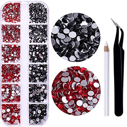 RODAKY 1500Pcs Red & Black Nail Rhinestones - 6 Sizes Flatback Crystal Gems for Nail Art, DIY Crafts, Makeup Decoration - Perfect for Manicure, Wedding, Party Nail Designs & Jewelry Making