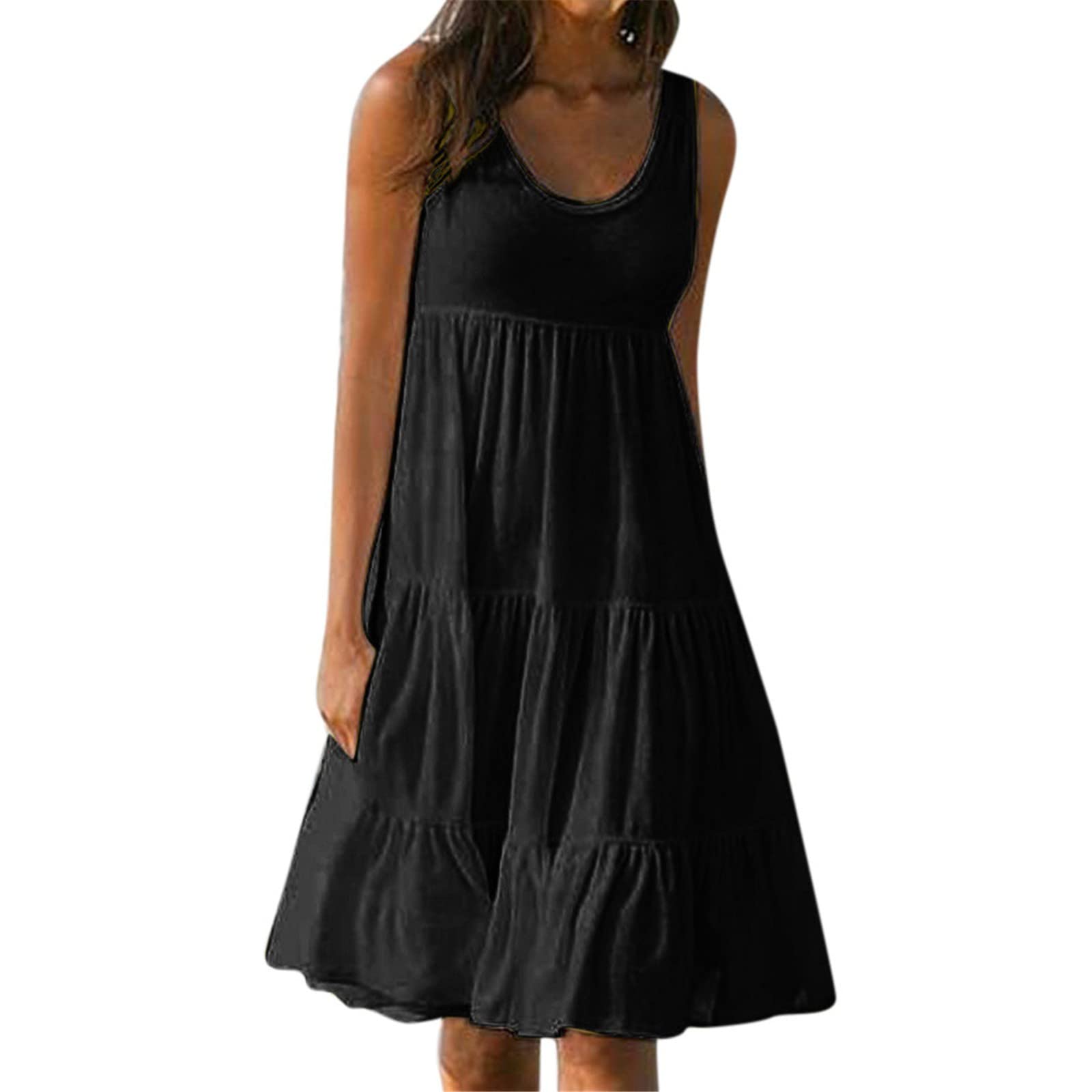Women's Summer Casual Cocktail Dress - Round Neck Solid Color Swing Beach Dress | Perfect for Parties, Vacations & Outdoor Events