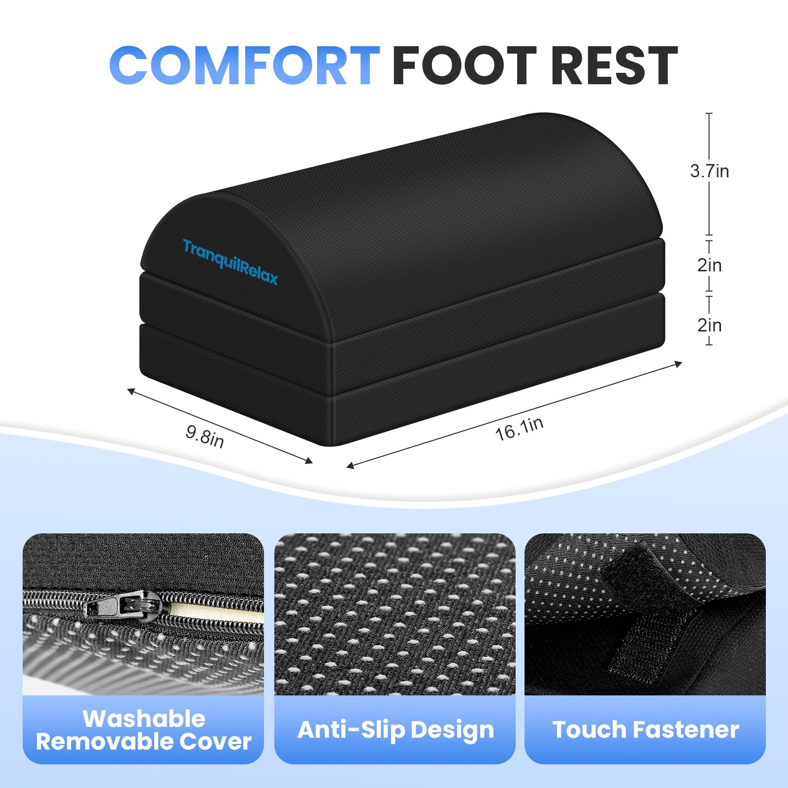 Ergonomic Adjustable Foot Rest for Under Desk - 3 Height Settings, Washable Cover - Comfortable Office & Gaming Foot Stool for Home, Work & Car Use (Black) - Perfect for Long Hours Sitting, Work from Home & PC Gaming Setup