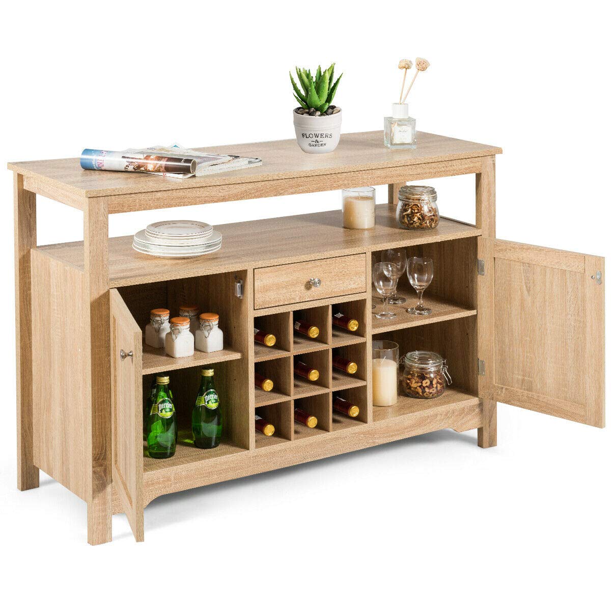 Modern Buffet Server Sideboard Console Table with 9-Bottle Wine Rack, 2 Cabinets & 1 Drawer - Kitchen Pantry & Dining Room Storage Organizer for Utensils, Dishware & Open Shelving - Perfect for Entertaining, Small Space Storage & Kitchen Organization