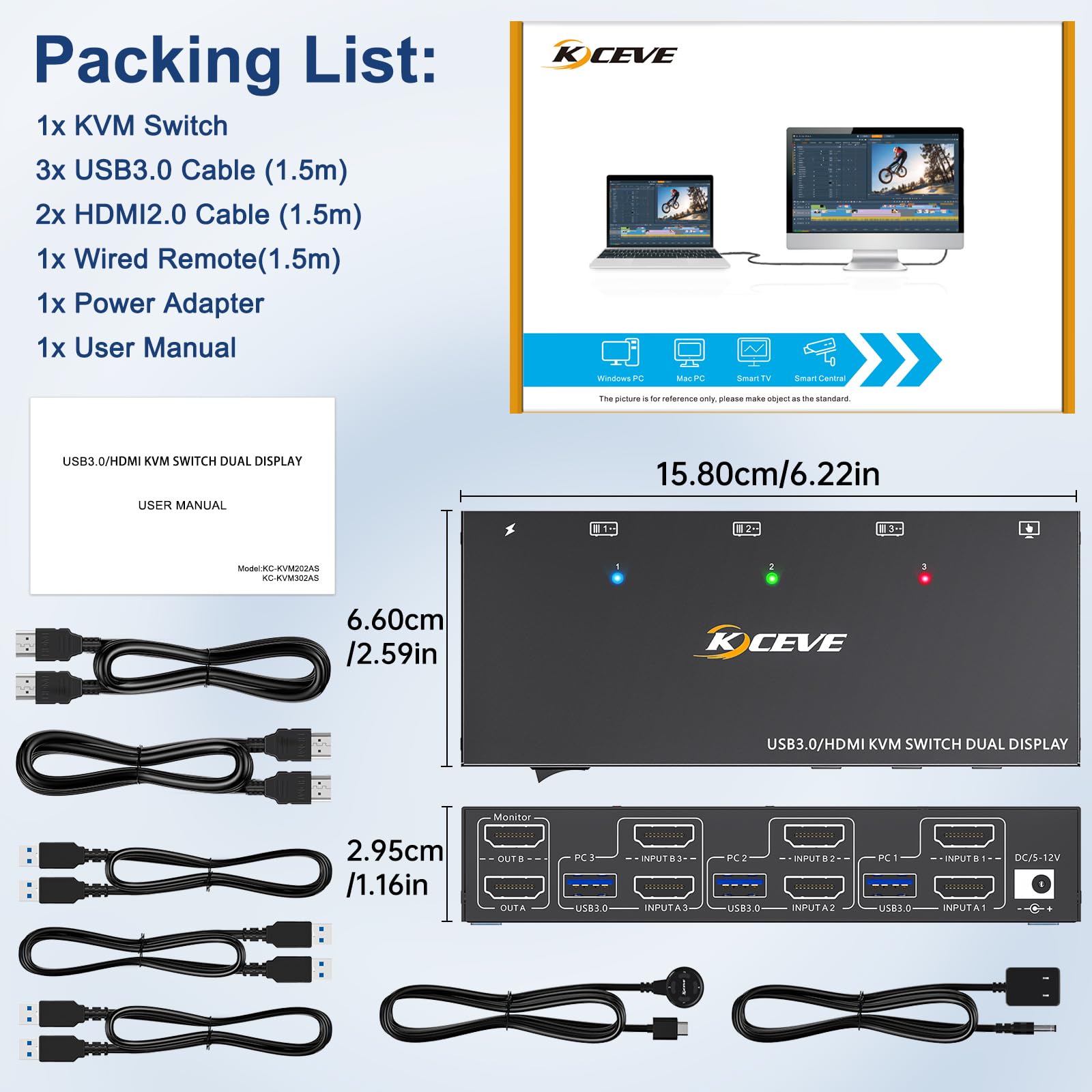 4K@60Hz HDMI KVM Switch for 3 Computers to 2 Monitors - Dual Monitor Sharing with Keyboard, Mouse & Printer - Includes Wired Remote & 5 Cables - Perfect for Home Office, Gaming Setup & Multi-PC Workstations