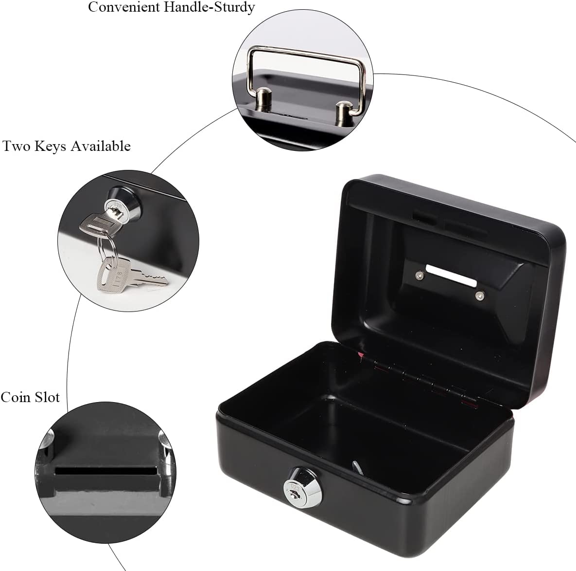 Black Portable Metal Lock Box with Key - Small Safe for Kids, Money Storage Box, Home & Office Security - Ideal for Cash, Jewelry, and Valuables Protection