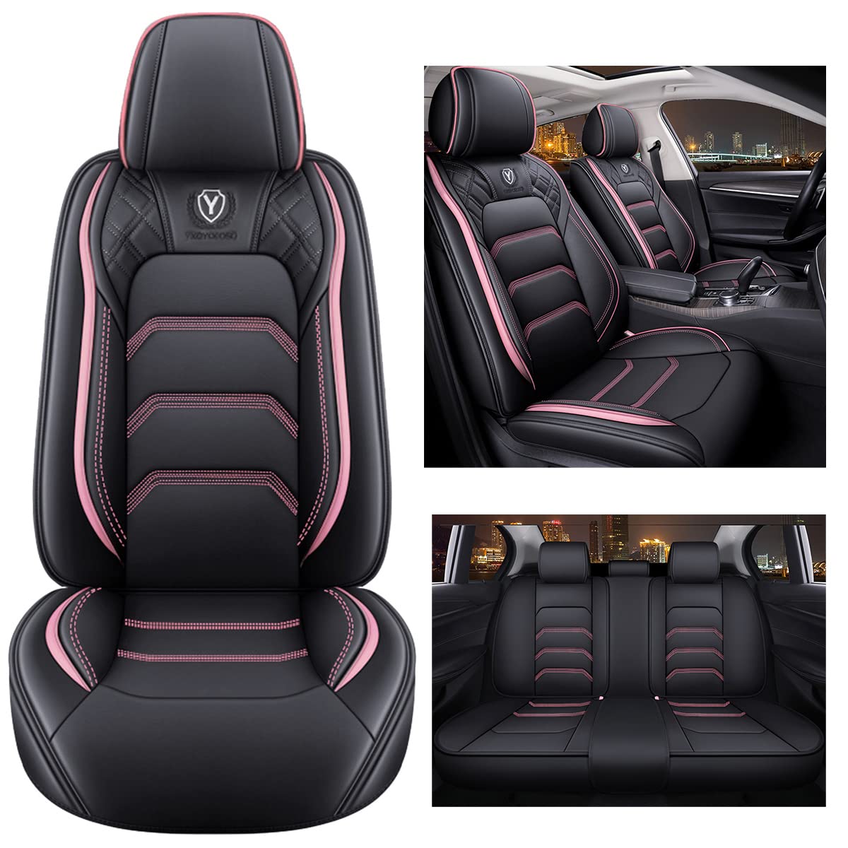 Premium Universal Leather Car Seat Covers Full Set (5 Seats) - Black & Pink - Soft Comfort & Durable Protection for SUVs, Sedans & Trucks - Perfect for Road Trips, Commuting & Family Travel