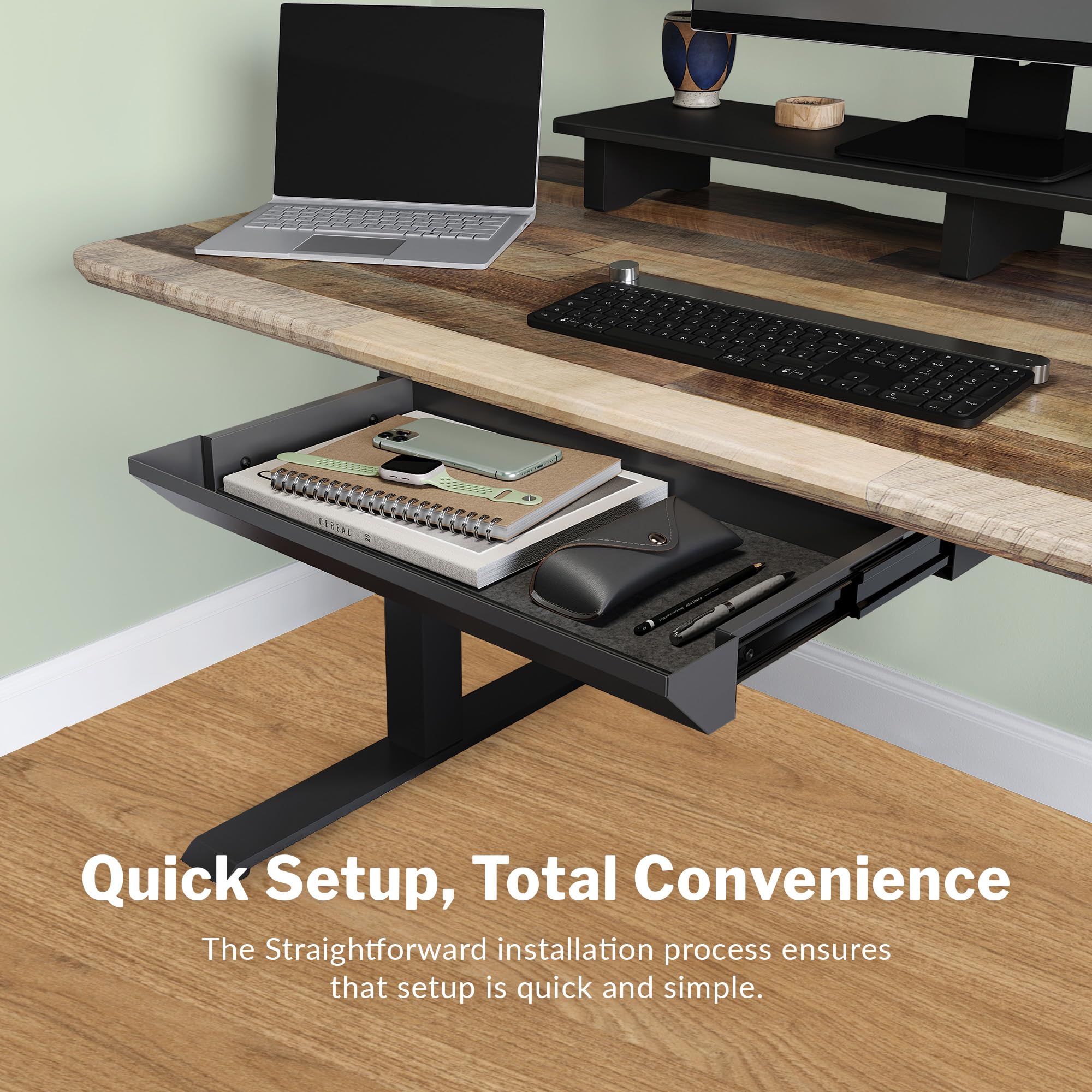 Slim Steel Under Desk Drawer - Undermount Storage Organizer for Standing Desks & Office Workstations - Space-Saving Desk Accessory (20.25