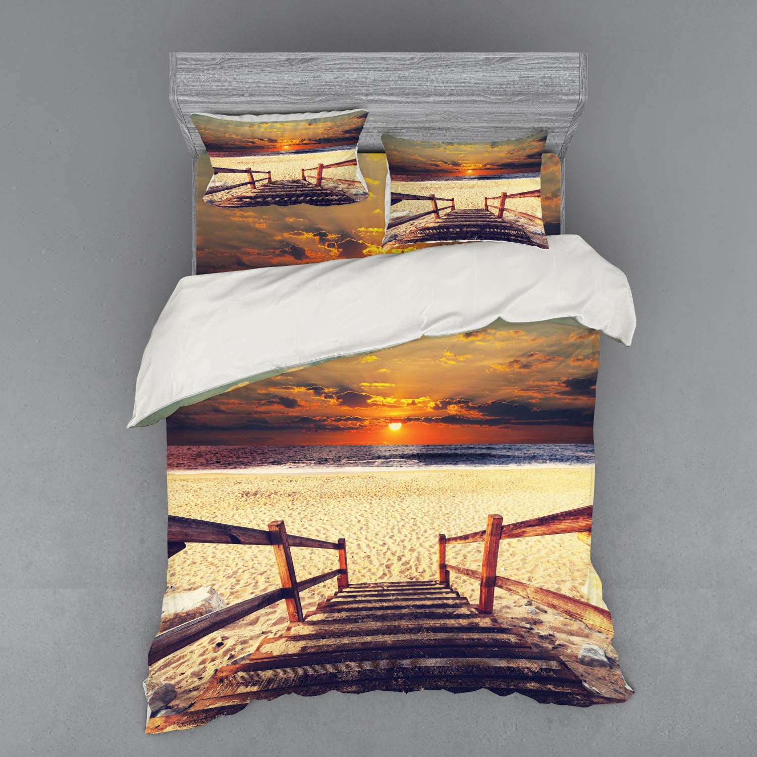 Ambesonne 4-Piece Beach Themed Duvet Cover Set - Stairs to Shoreline with Dramatic Sunset Horizon Design, Queen Size Orange Cream Bedding with Shams & Fitted Sheet | Perfect for Coastal Decor, Guest Rooms & Vacation Home Bedrooms