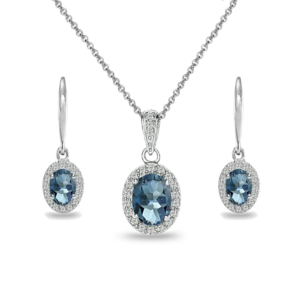 B. BRILLIANT Sterling Silver Oval Gemstone Halo Dangle Earrings & Necklace Set for Women - Bridesmaid Jewelry Gift with Box - Perfect for Weddings, Parties & Special Occasions