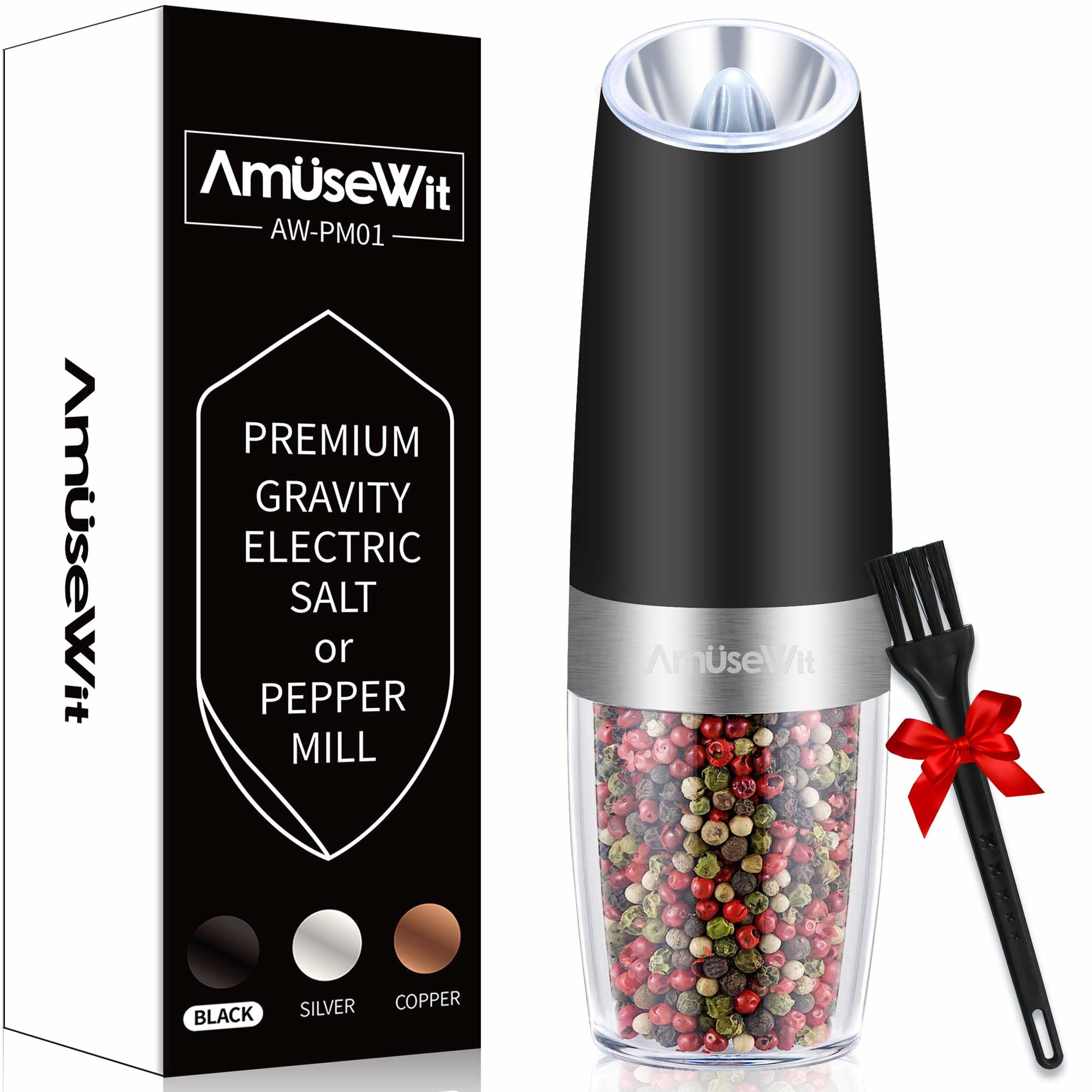 AmuseWit Electric Gravity Pepper Mill & Salt Grinder - Battery Operated Automatic Spice Grinder with LED Light, Adjustable Coarseness, One-Hand Operation & Cleaning Brush (Black) - Perfect for Kitchen, Dining Table & Outdoor Cooking