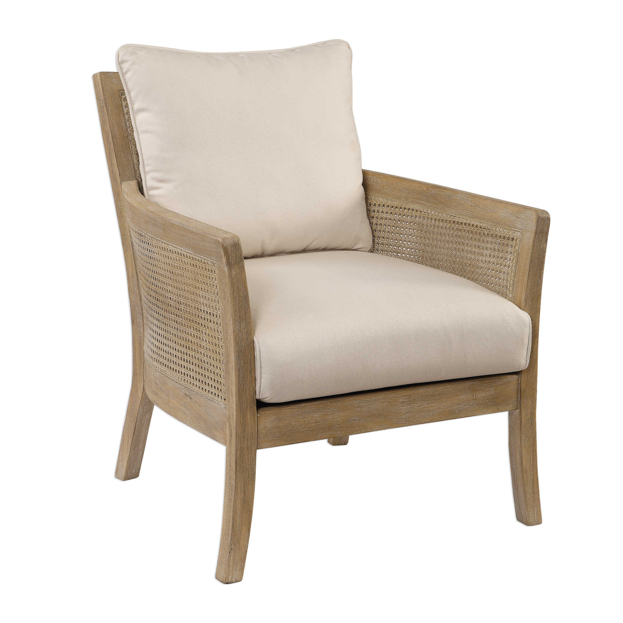 Bleached Sandstone Hardwood & Cane Arm Chair - Mid-Century Modern Dining Chair for Kitchen, Living Room & Office - Comfortable & Stylish Seating Solution