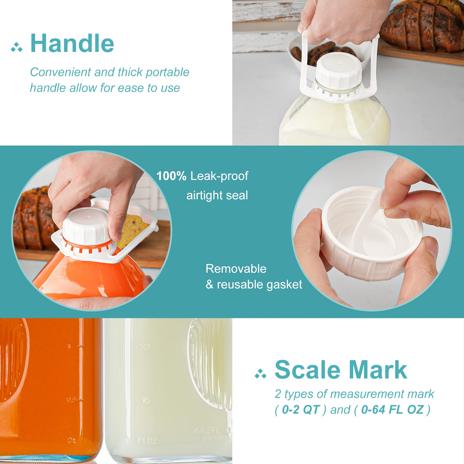 2 Pack 64 Oz Glass Milk Bottle with Dispenser Cap & Reusable Airtight Screw Lid - Heavy Duty 2 Qt Water Bottle with Measurement Lines - Perfect for Milk, Juice, Iced Tea Storage & Pouring - Ideal for Kitchen, Restaurant, Coffee Shop Use