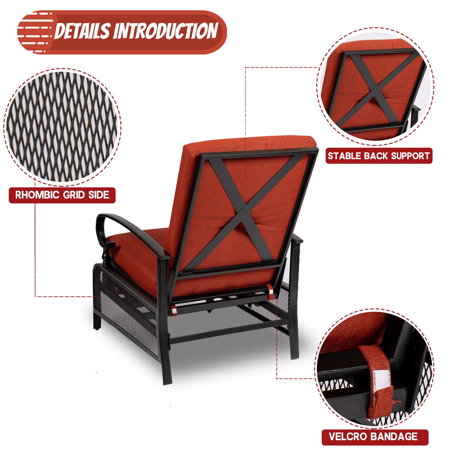 Crownland 3-Piece Outdoor Lounge Chair Set - Adjustable Reclining Patio Chairs with Umbrella Bistro Table, Durable Metal Furniture with Water-Resistant Cushions (Red) - Perfect for Poolside, Garden, Patio, and Backyard Relaxation