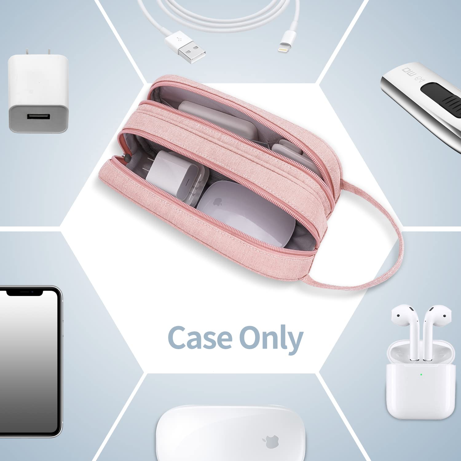 HESTECH Waterproof Electronics Organizer Bag - Pink Medium Double Layer Travel Charger Case for Phone, Mouse, Earbuds, USB Drive - Perfect for Office, Travel & Daily Storage Needs