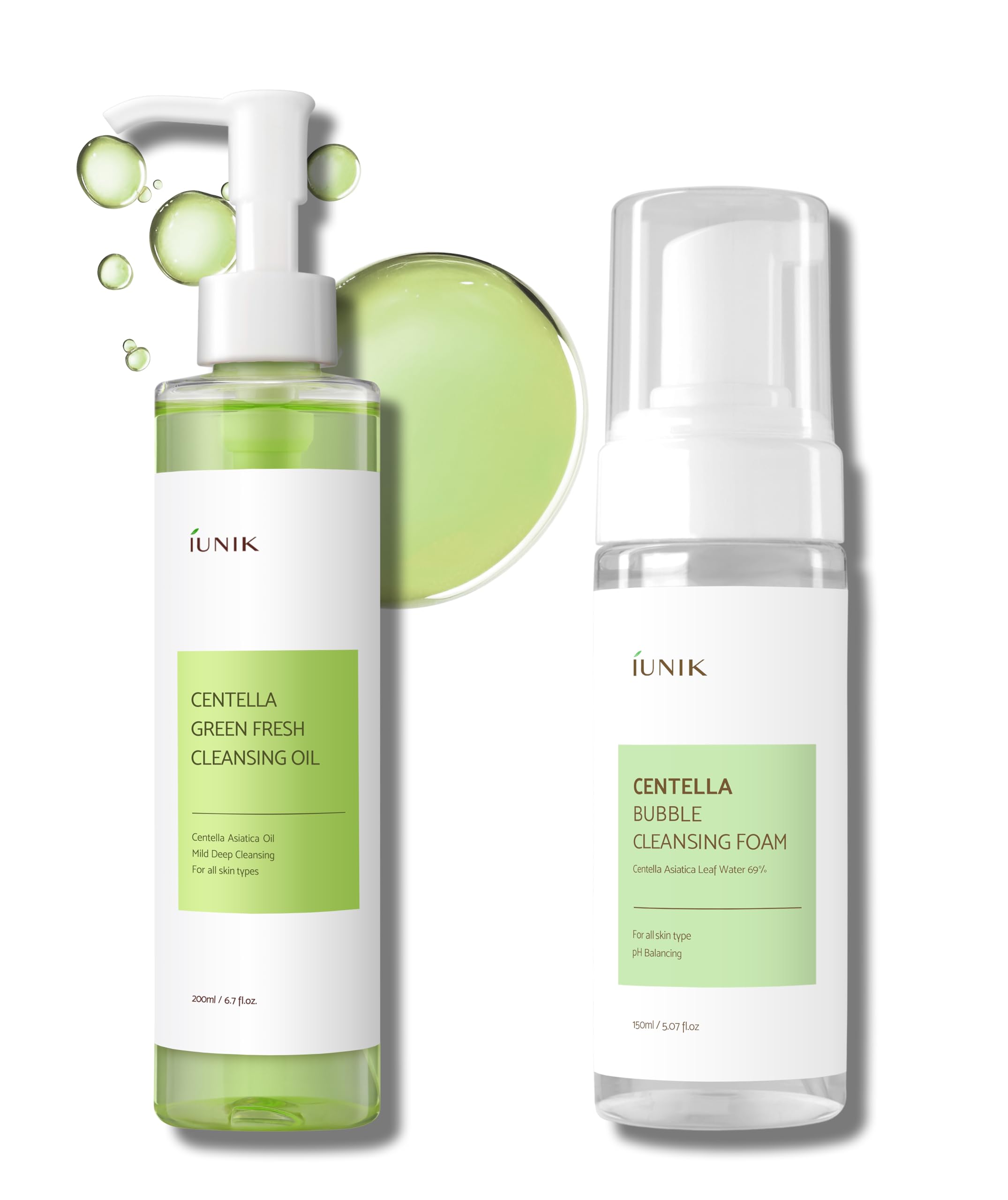 IUNIK Centella Asiatica Cleansing Oil & Bubble Foaming Facial Cleanser - Gentle Makeup & Sunscreen Remover for Acne Prone Skin | Korean Skincare for All Skin Types | Daily Deep Cleansing & Pore Control | Perfect for Morning & Night Routine