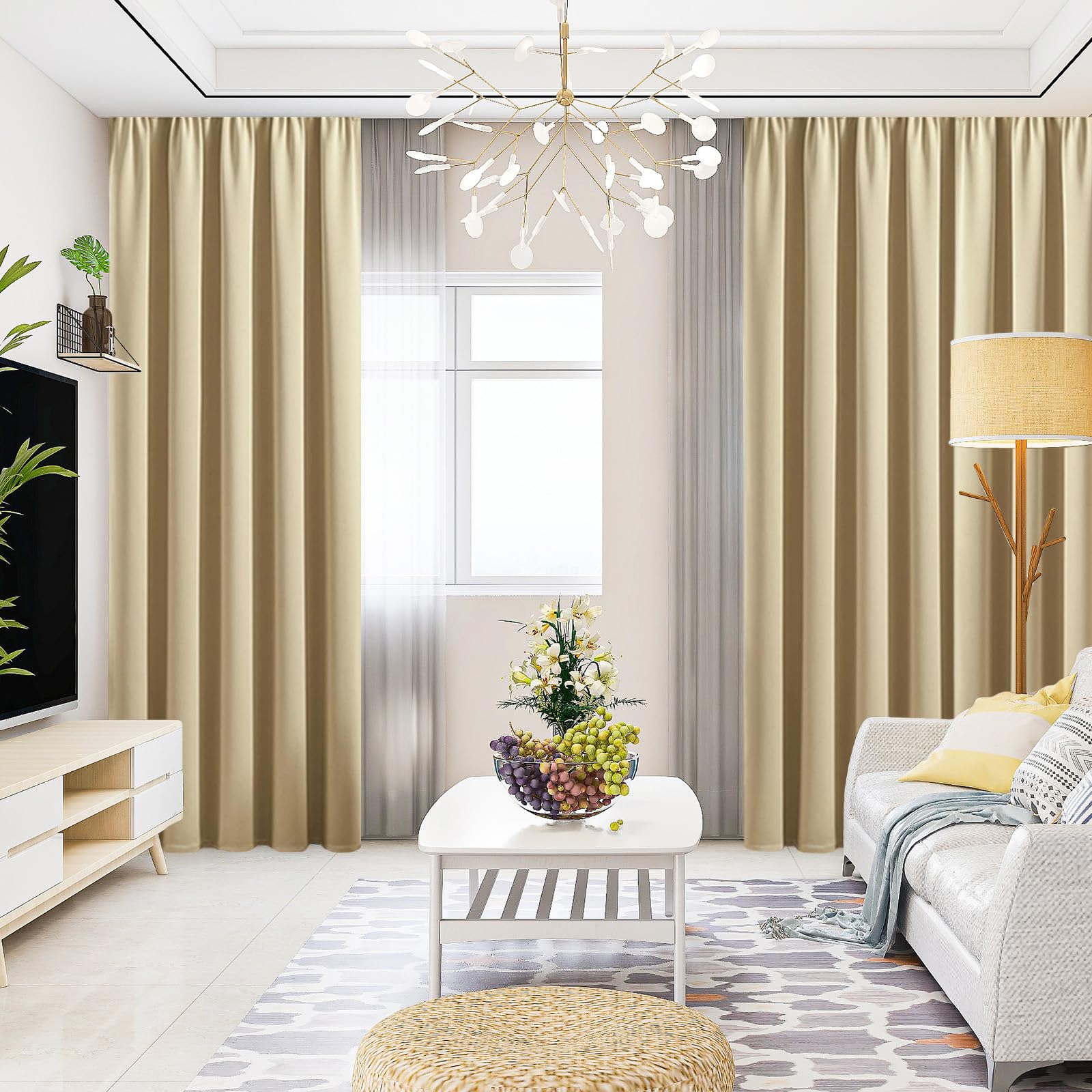 Blackout Curtains for Small Windows - Thermal Insulated Room Darkening Drapes with Rod Pocket, 52x45 Inch, Beige, Set of 2 Panels - Perfect for Bedroom, Living Room & Home Theater Light Blocking