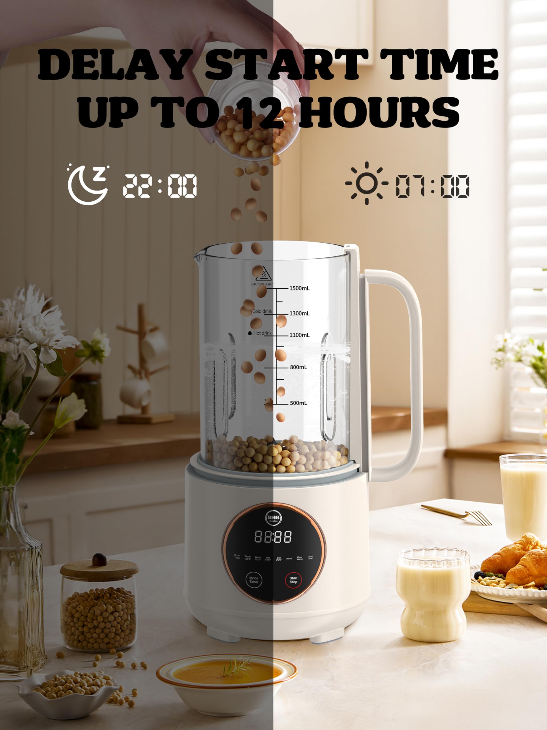 45oz Nut Milk Maker - 10-in-1 Homemade Plant-Based Milk Machine for Almond, Soy, Oat & Coconut Milk | Multifunctional with 12-Hour Timer, Auto-Clean, Keep Warm & Boil Functions | Perfect for Vegan, Keto & Dairy-Free Lifestyles | Kitchen & Breakfast Essential