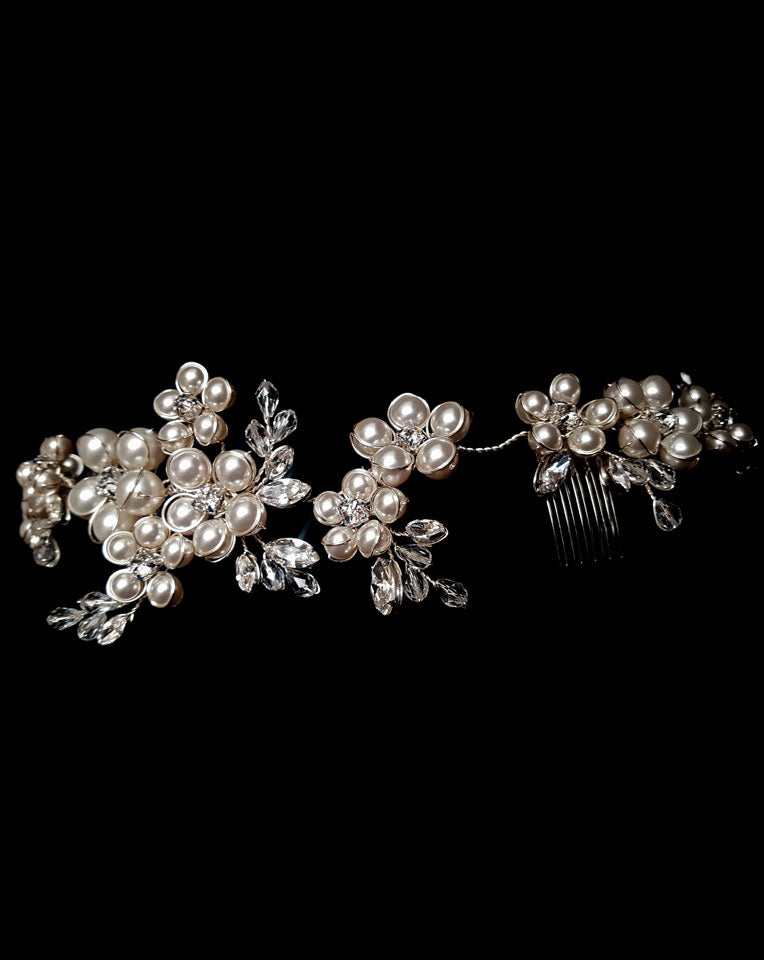 Elegant Bridal Headpiece with Dramatic Pearl Clustered Floral Vine Band - Milan by Kezani | Perfect for Weddings, Bridal Showers & Boho Bridal Looks | Buy or Hire Online