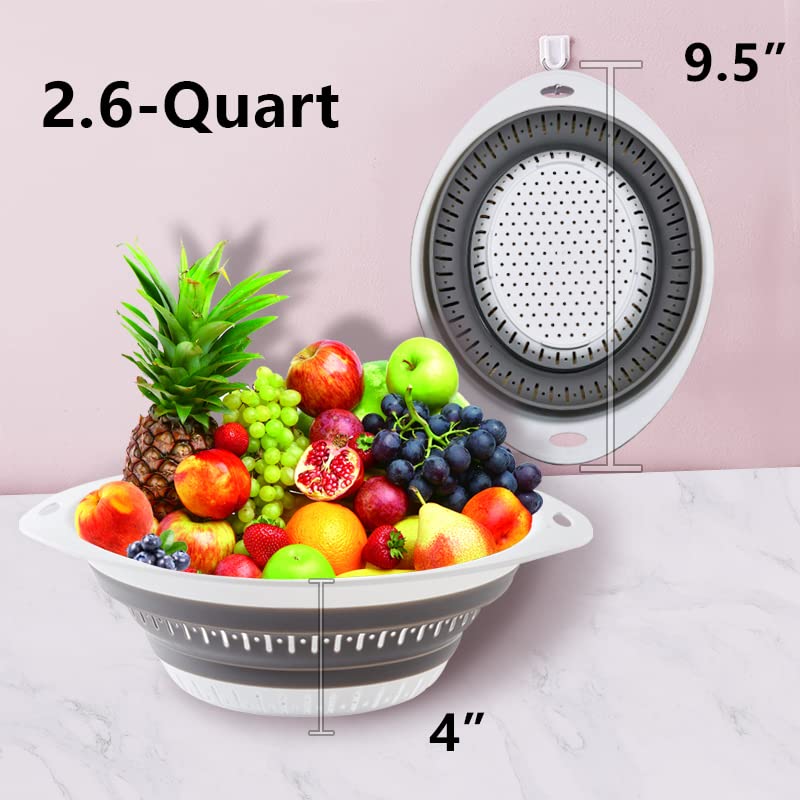 2-Pack Collapsible Silicone Colander - BPA Free, Dishwasher Safe Food Strainer for Pasta, Vegetables & Fruits - Quick Drainage, Space Saving Design - Perfect for Kitchen, Camping & Travel (Gray)