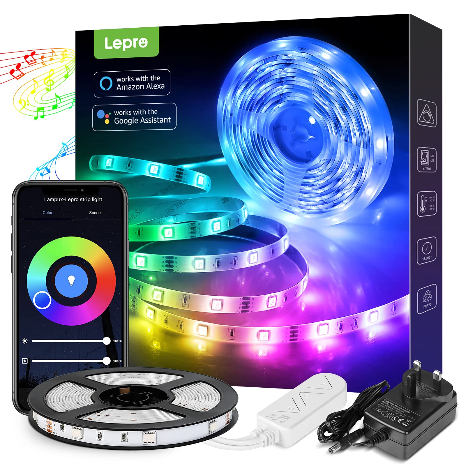 Lepro 16.4FT Smart WiFi LED Light Strip - 16 Million Colors, Music Sync, Works with Alexa & Google Home - Perfect for Bedroom, Kitchen, TV Backlight, Gaming Setup & Party Decor (2.4GHz WiFi Only)