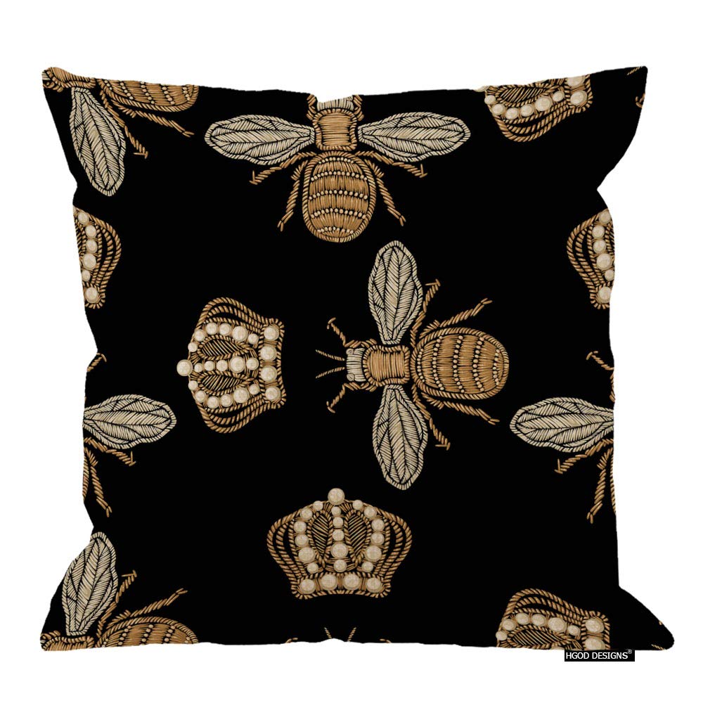 HGOD DESIGNS Gold Embroidered Bee & Crown Throw Pillow Covers 24x24 Inch - Black Bohemian Home Decor for Sofa, Bed, Living Room | Perfect for Farmhouse, Boho Chic & Nature Inspired Interiors