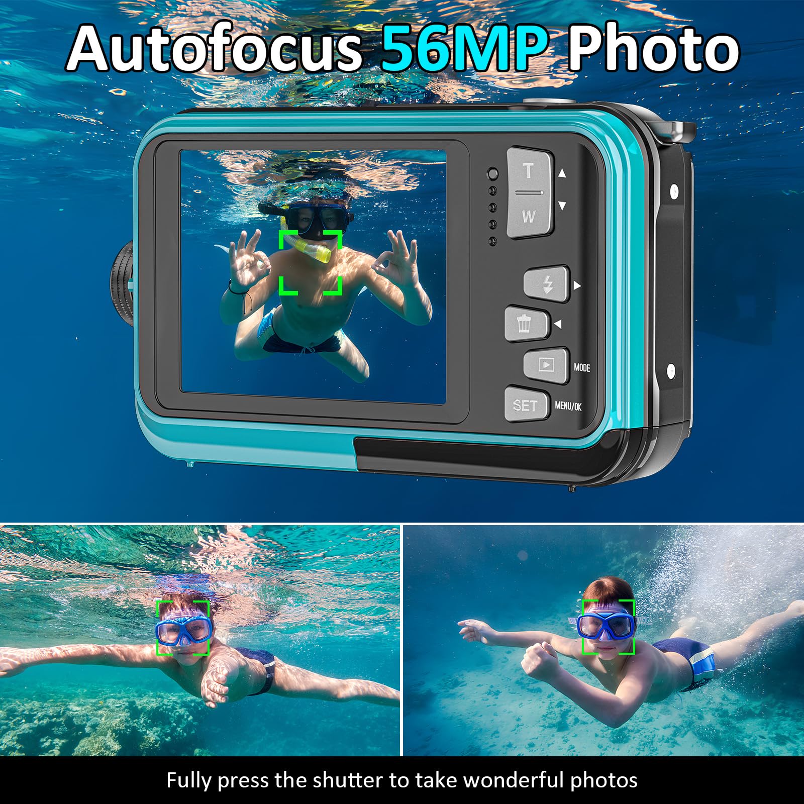 4K Underwater Camera 11FT Waterproof Digital Camera with 32GB Card, 56MP Autofocus & Dual-Screen Selfie - Compact Floatable Action Camera for Snorkeling, Scuba Diving, Swimming & Beach Vacations (Blue, 1250mAh Battery, Type-C Charging)