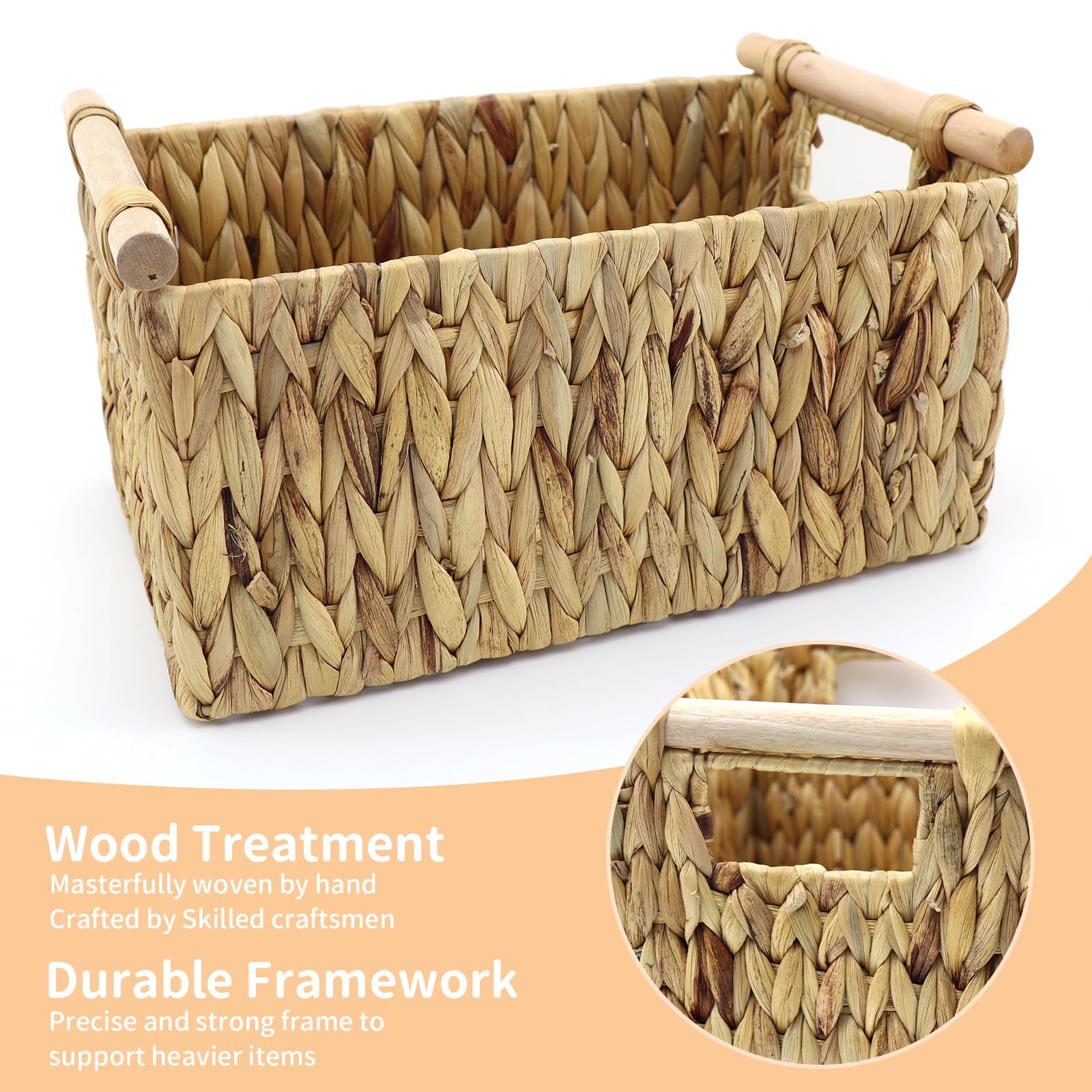 Natural Water Hyacinth Storage Basket with Handles - Large Woven Rattan Organizer for Shelves, Closet, Kitchen & Bathroom - Perfect for Home Decor, Toilet Tank Storage & Cabinet Organization