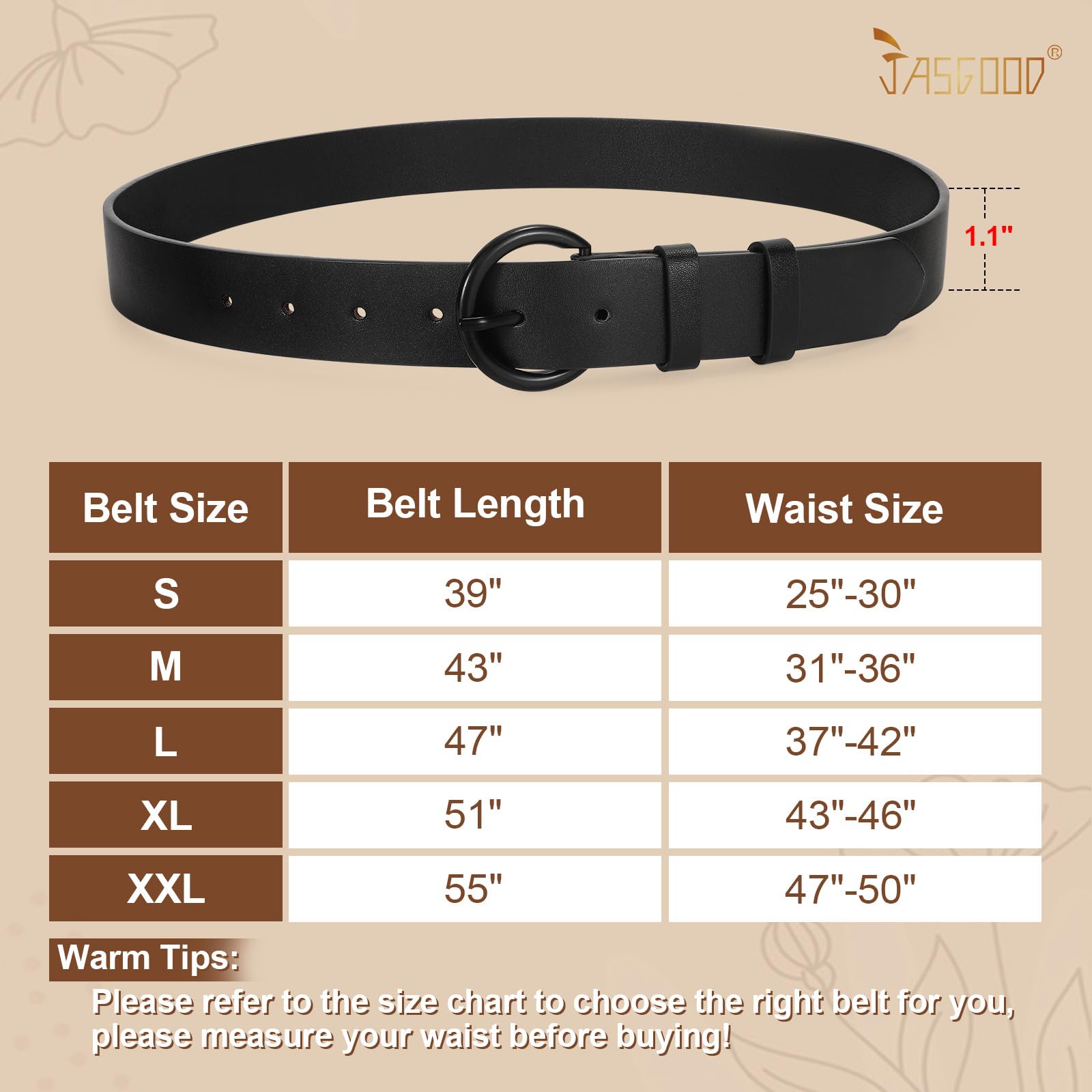 JASGOOD Women's Black Leather Belt with Gold Buckle - Stylish Dress Belt for Jeans & Pants | Perfect for Office, Casual Outfits & Everyday Wear