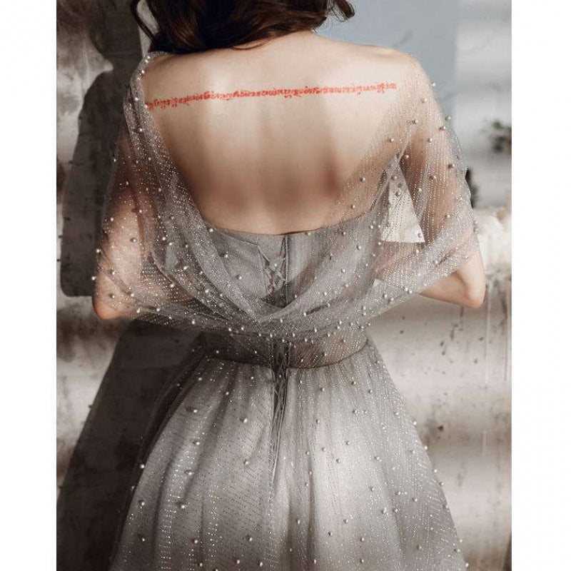 Elegant Beaded Gray Tulle Prom Dress - A-Line Formal Evening Gown for Homecoming, Quinceañera & Special Occasions
