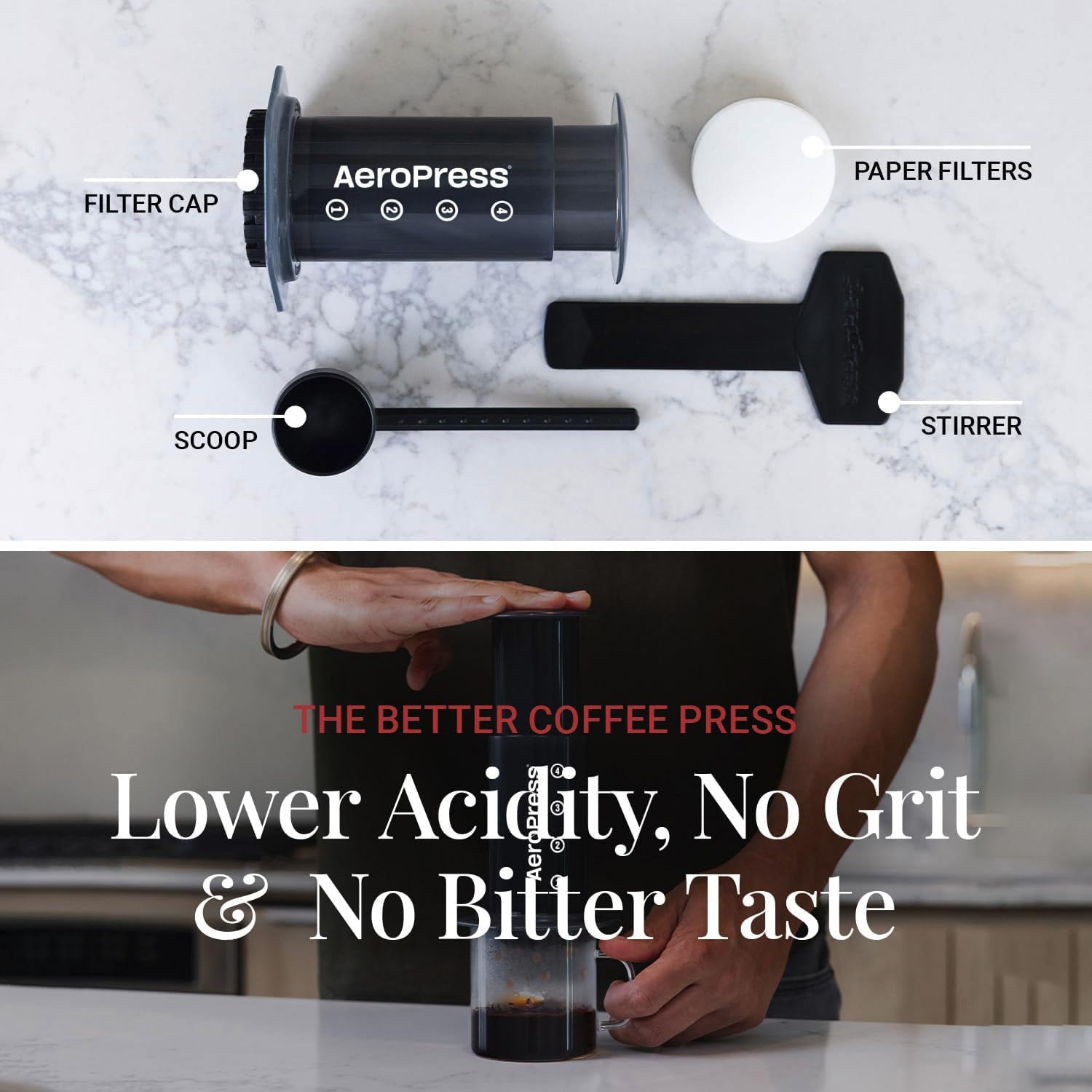 AeroPress Coffee Maker & Espresso Machine - Fast & Easy Brewing, Smooth & Bitter-Free Coffee - Makes 1-3 Cups per Press (Black) - Perfect for Home, Office, Camping & Travel