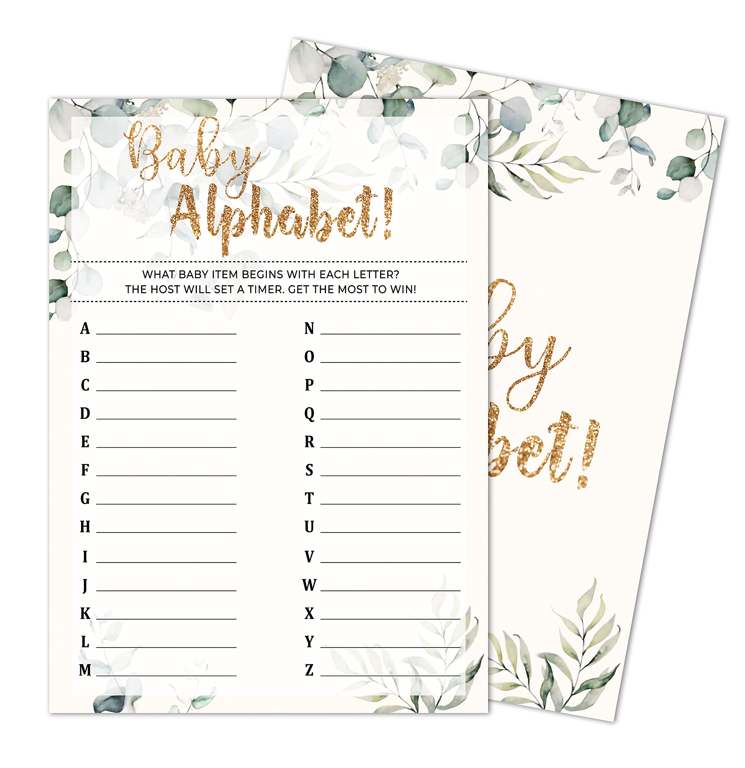 **Alphabet Baby Shower Game Set - 30 Gender Neutral Greenery-Themed Game Cards for Gender Reveal Parties, Baby Showers & Nursery Decor (bb005-yx11) - Perfect for Coed Celebrations & Neutral Nursery Themes**