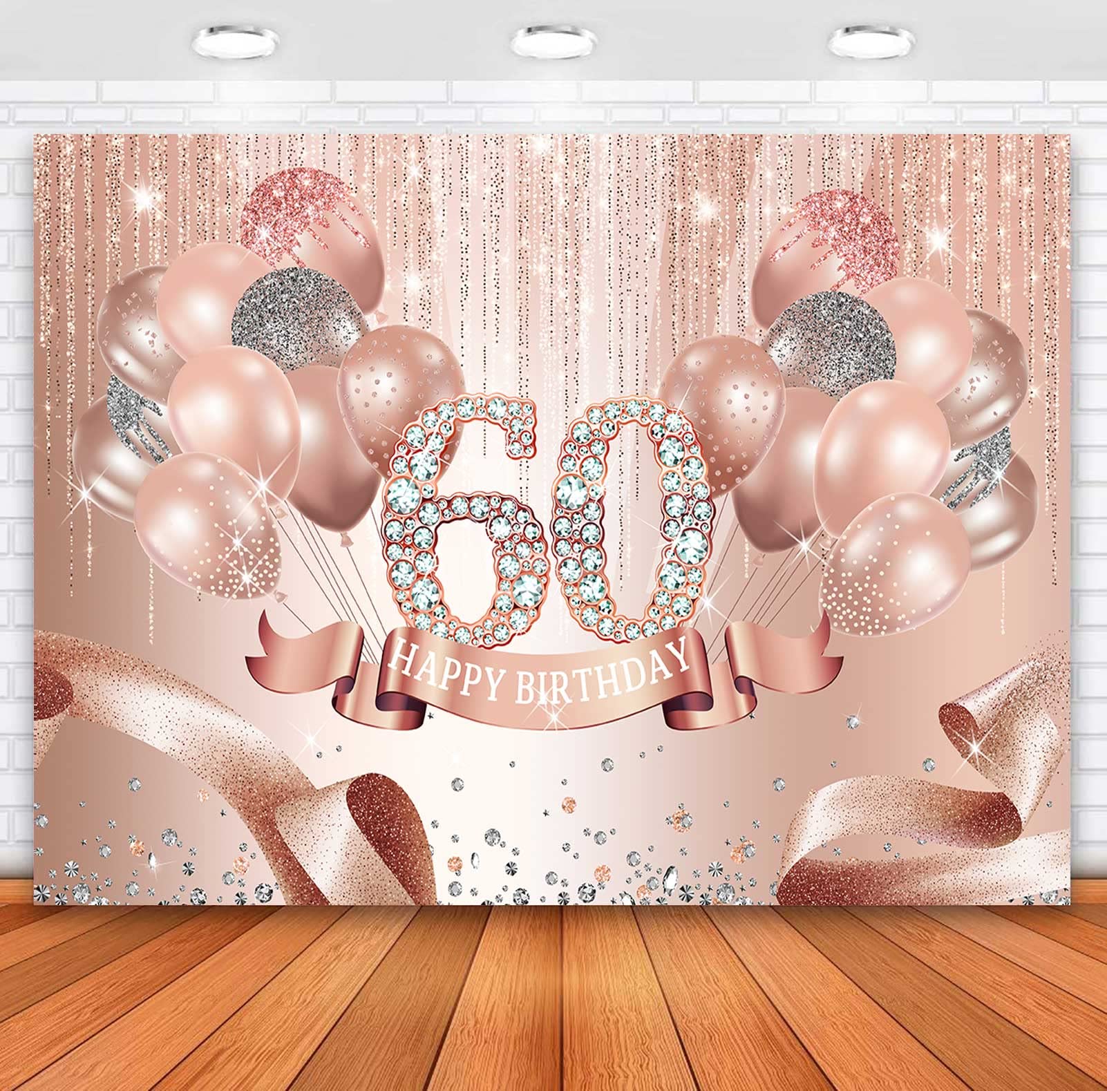 Rose Gold 60th Birthday Backdrop Decorations for Women - Pink Glitter Ribbon Balloons & Dots Photography Background - Shining Diamond Party Banner - 10x8ft Photo Studio Props - Perfect for Milestone Celebrations, Birthday Parties & Photo Shoots
