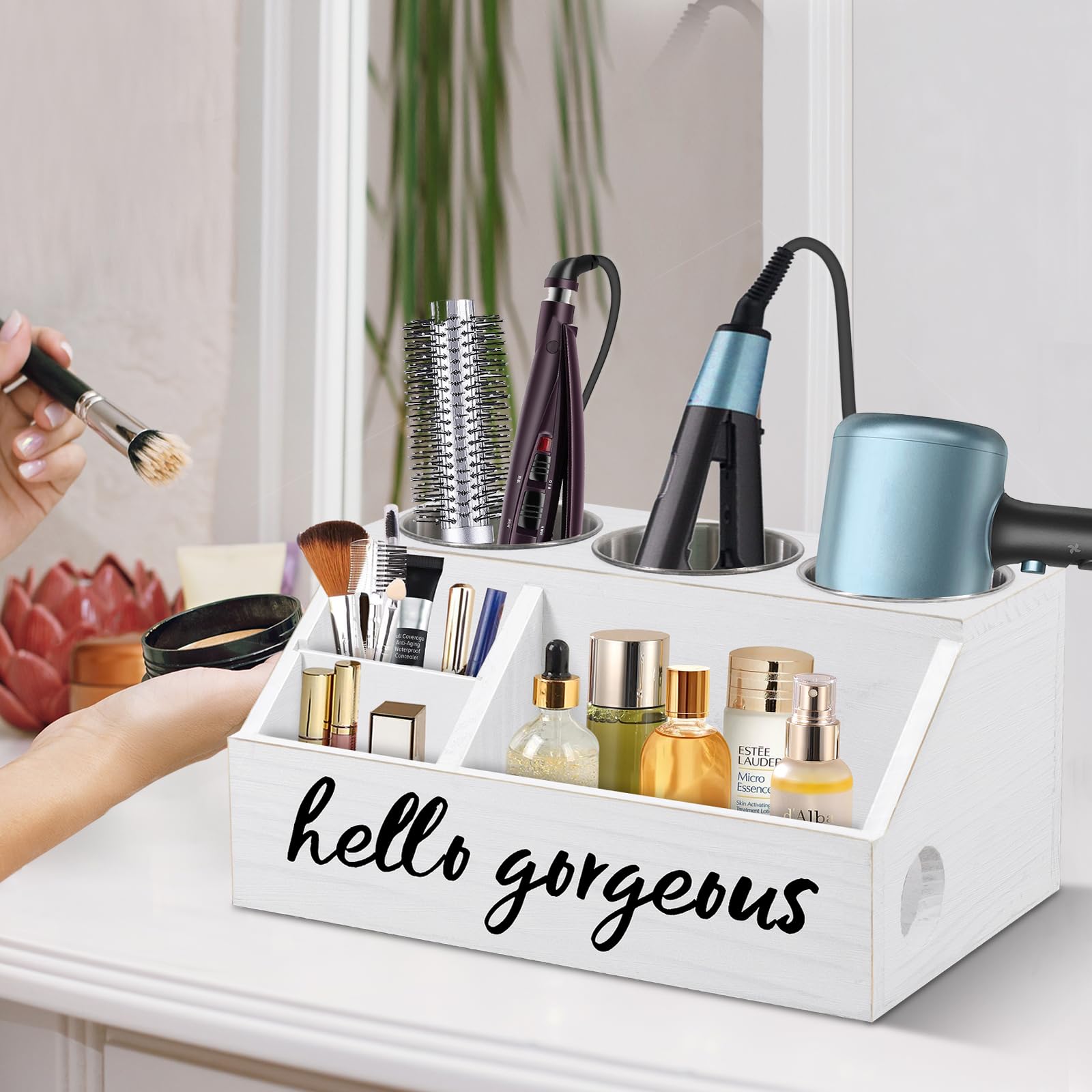 Anwelynd Wooden Hair Tools Organizer - Rustic Bathroom Countertop Storage Stand for Hair Dryer, Curling Iron & Straightener | Vanity Caddy for Styling Accessories | Perfect for Home, Salon & Spa Organization